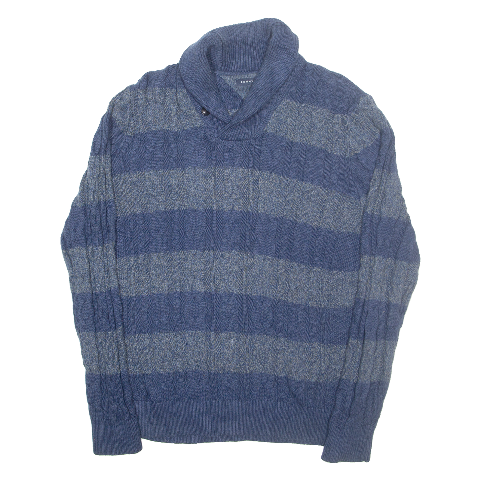 TOMMY HILFIGER Mens Patterned Jumper Blue Striped Roll Neck Cable Knit M Refurbished - N/A refurbished available on Cerqular