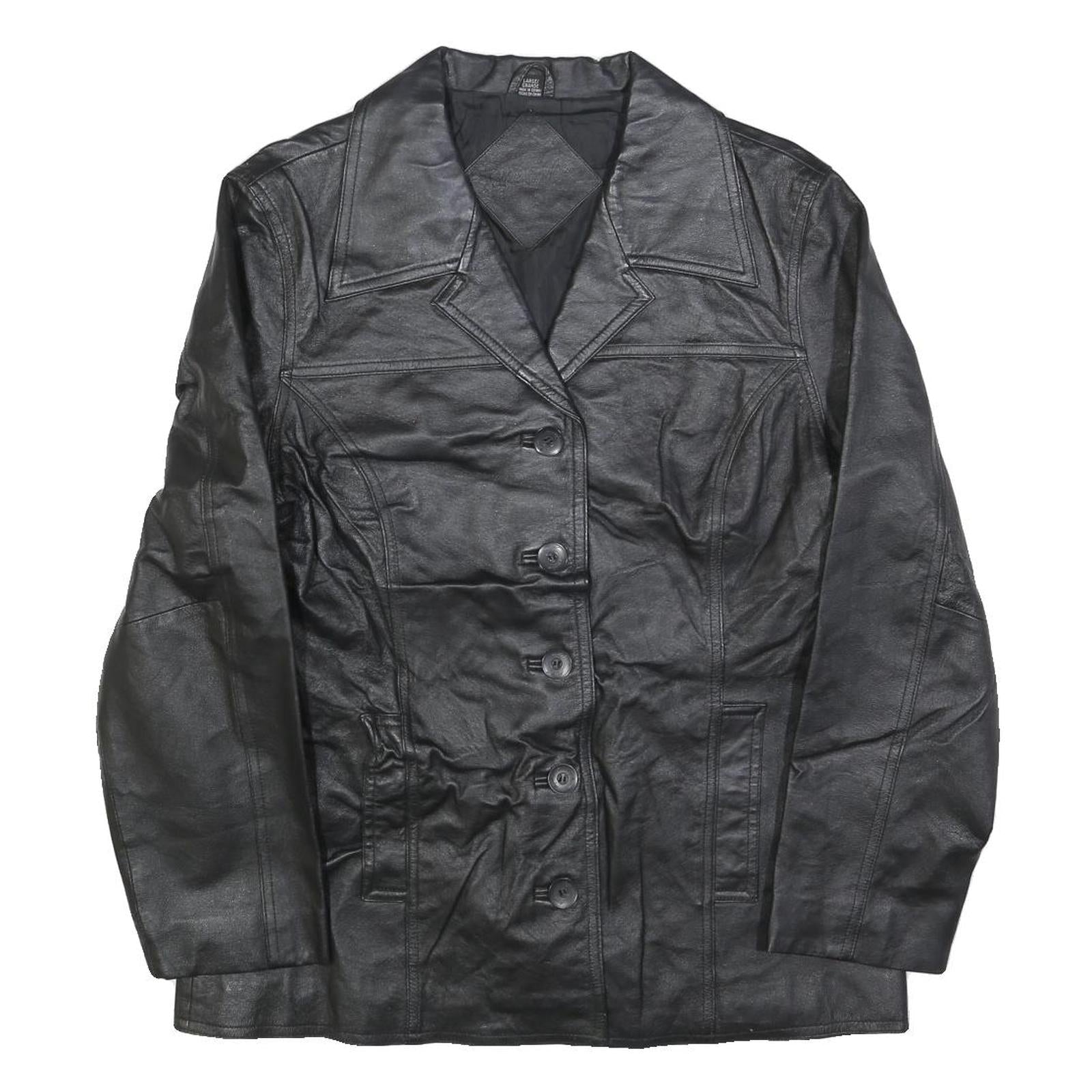 Womens Black Leather Button Jacket L Plain Classic Outerwear Stylish Refurbished - N/A refurbished available on Cerqular