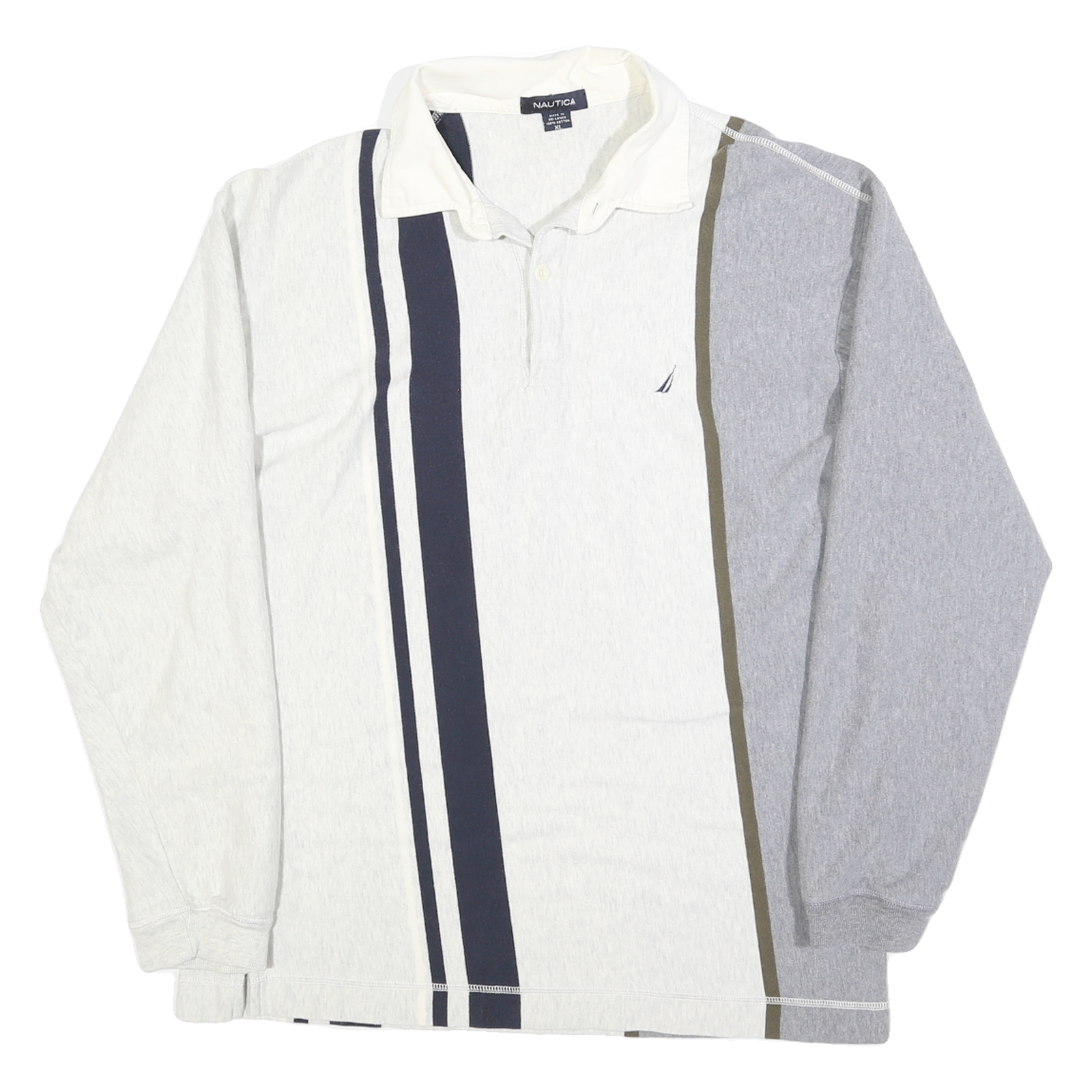 NAUTICA Mens White & Grey Striped Long Sleeve Polo Shirt XL Cotton Blend Relaxed Refurbished - N/A refurbished available on Cerqular