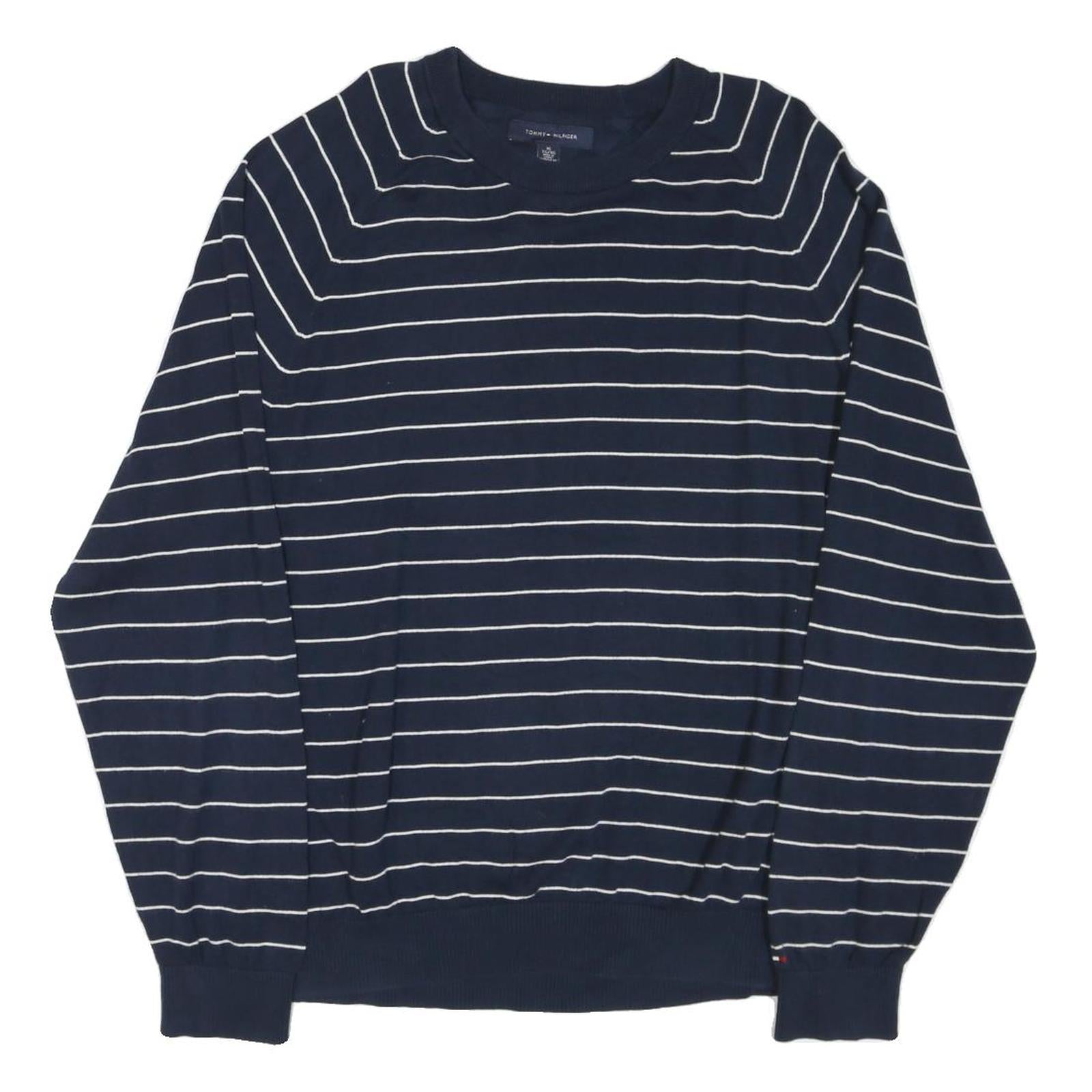 TOMMY HILFIGER Mens Navy Blue Striped Plain Crew Neck Basic Knit Jumper XL Refurbished - N/A refurbished available on Cerqular