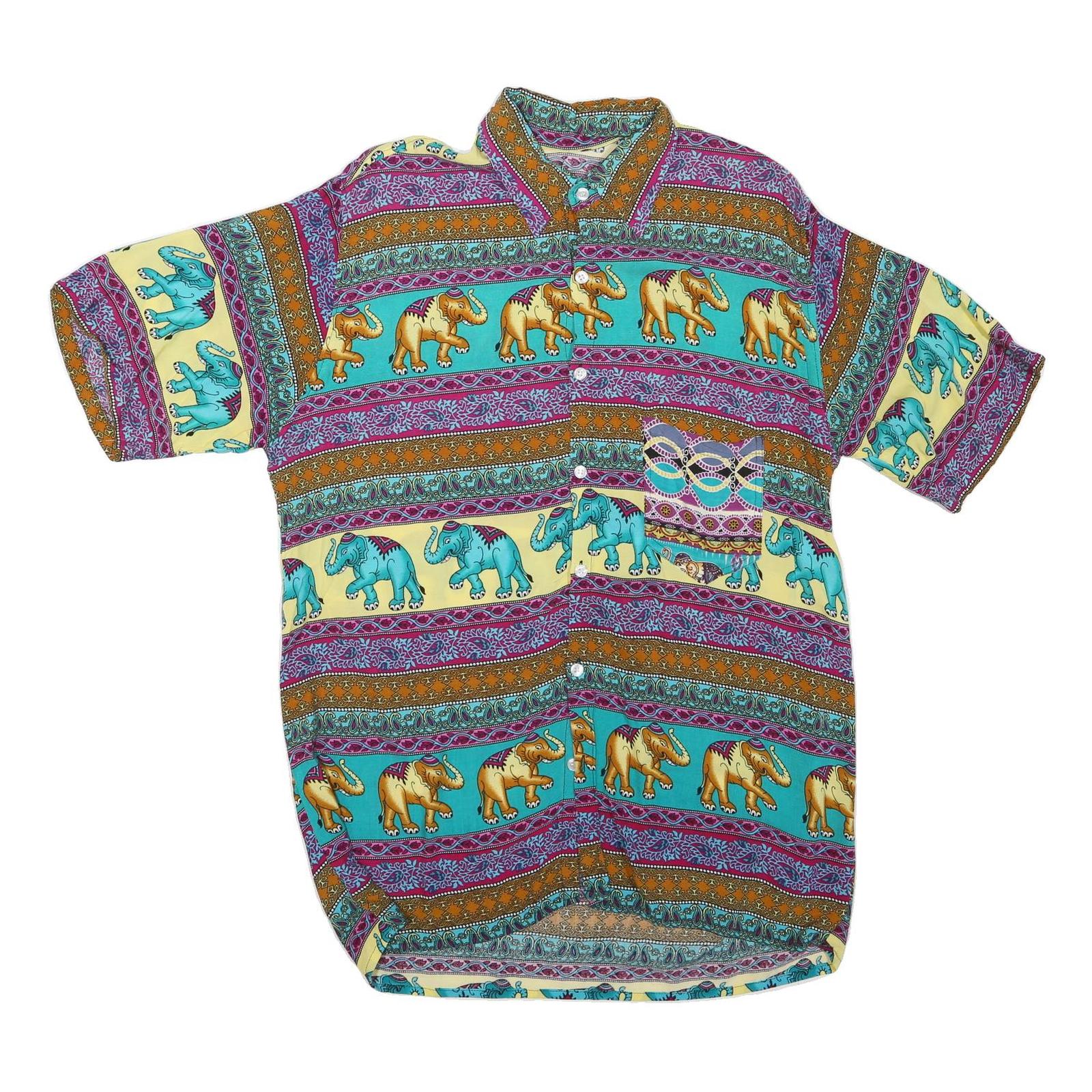 Mens Yellow & Turquoise Elephant Pattern Cotton Blend Shirt M Casual Summer Refurbished - N/A refurbished available on Cerqular
