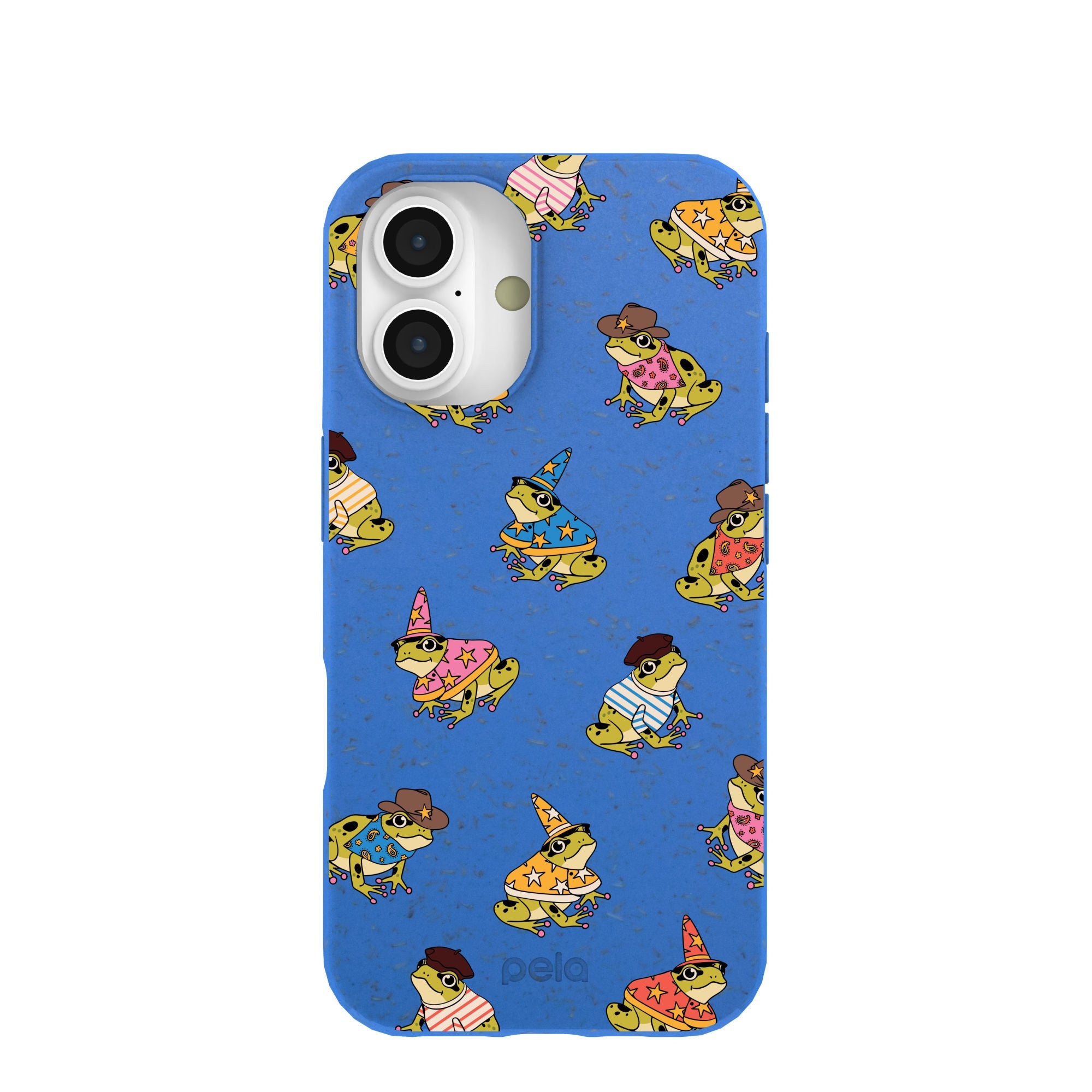 Electric Blue Fancy Frogs iPhone 16 Case Refurbished - Pela Case refurbished available on Cerqular
