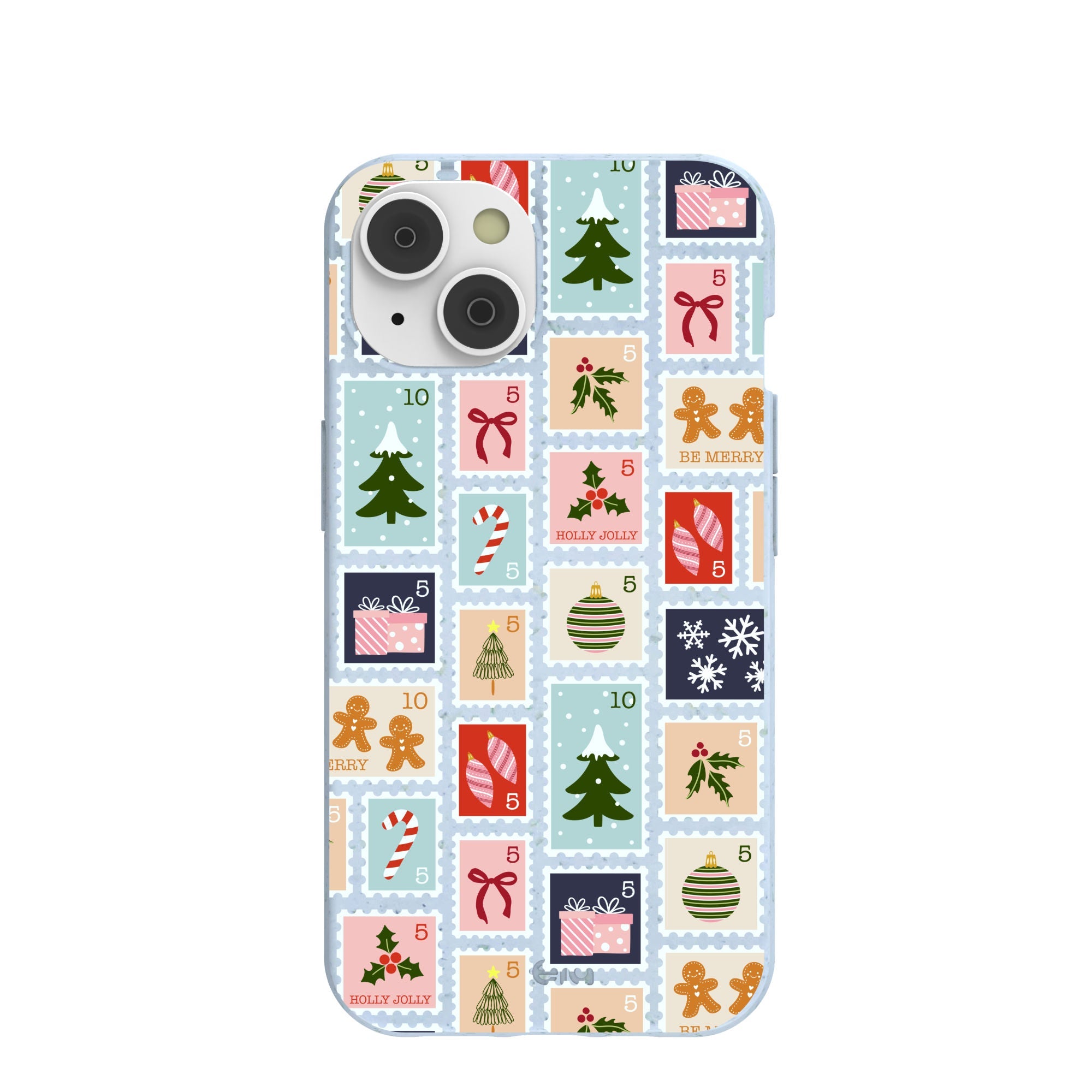 Powder Blue Noel Stamps iPhone 14/16e Case Refurbished - Pela Case refurbished available on Cerqular