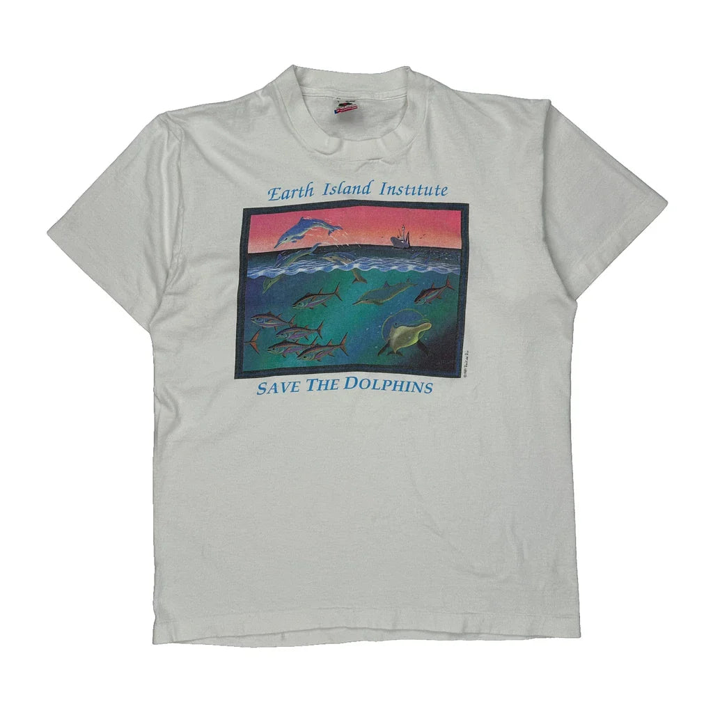 Save The Dolphins Fruit Of The Loom Graphic T-Shirt - Large White Cotton Refurbished - Thrifted (note: this is a term often used to describe second- refurbished available on Cerqular