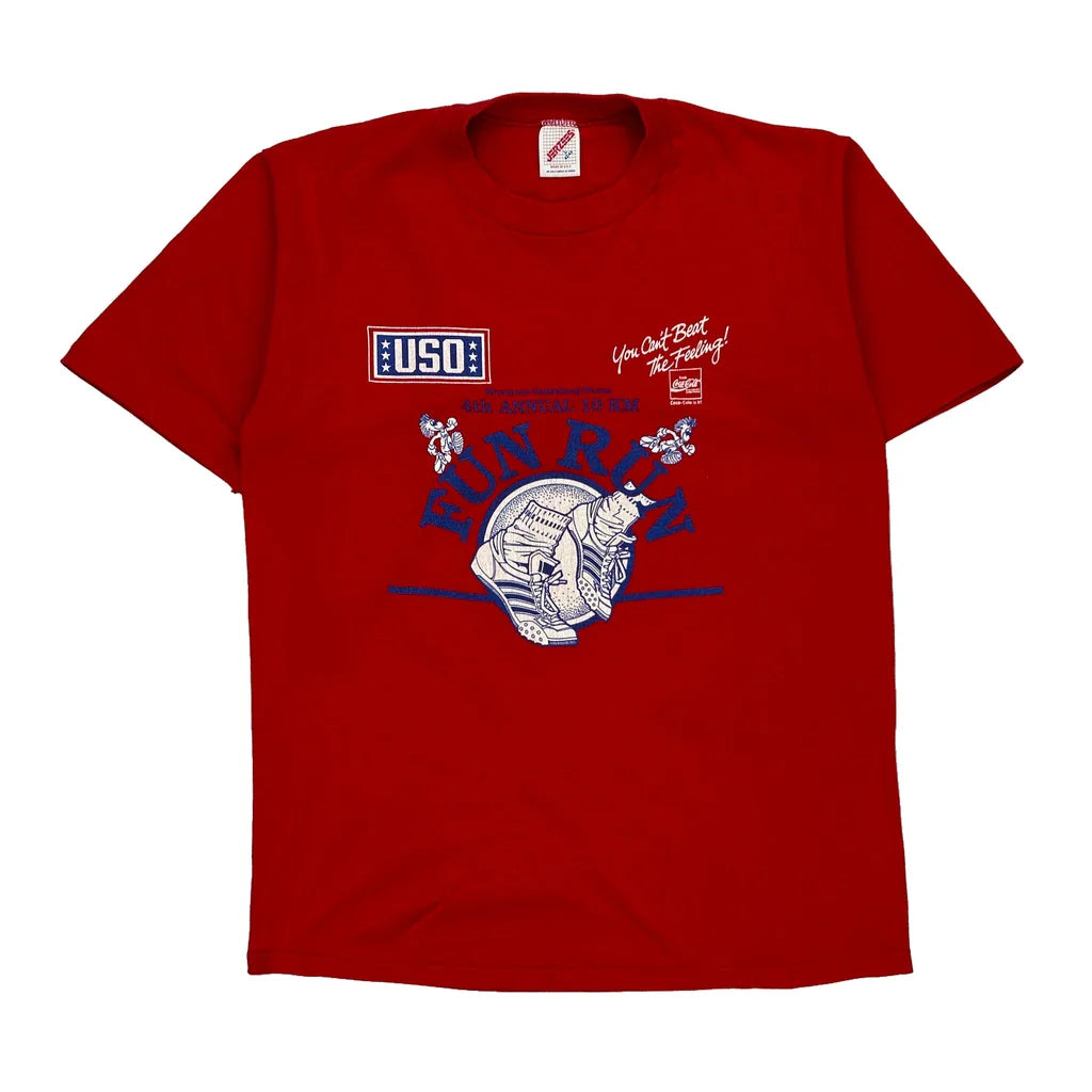 USo Fun Run Jerzees Single Stitch T-Shirt - Large Red Cotton Blend Refurbished - Thrifted (note: this is a term often used to describe second- refurbished available on Cerqular