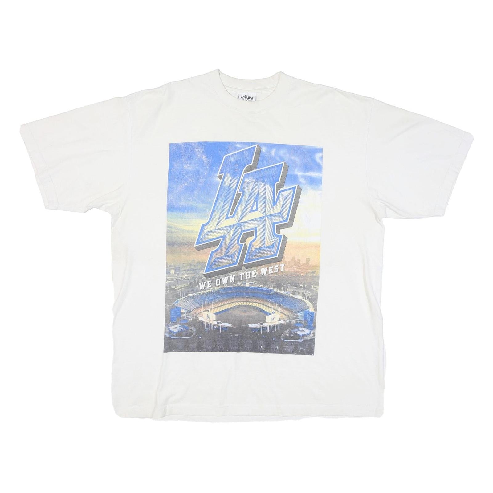 SHAKA Mens White T-Shirt 2XL Short Sleeve Crew Neck LA Graphic Print Refurbished - N/A refurbished available on Cerqular