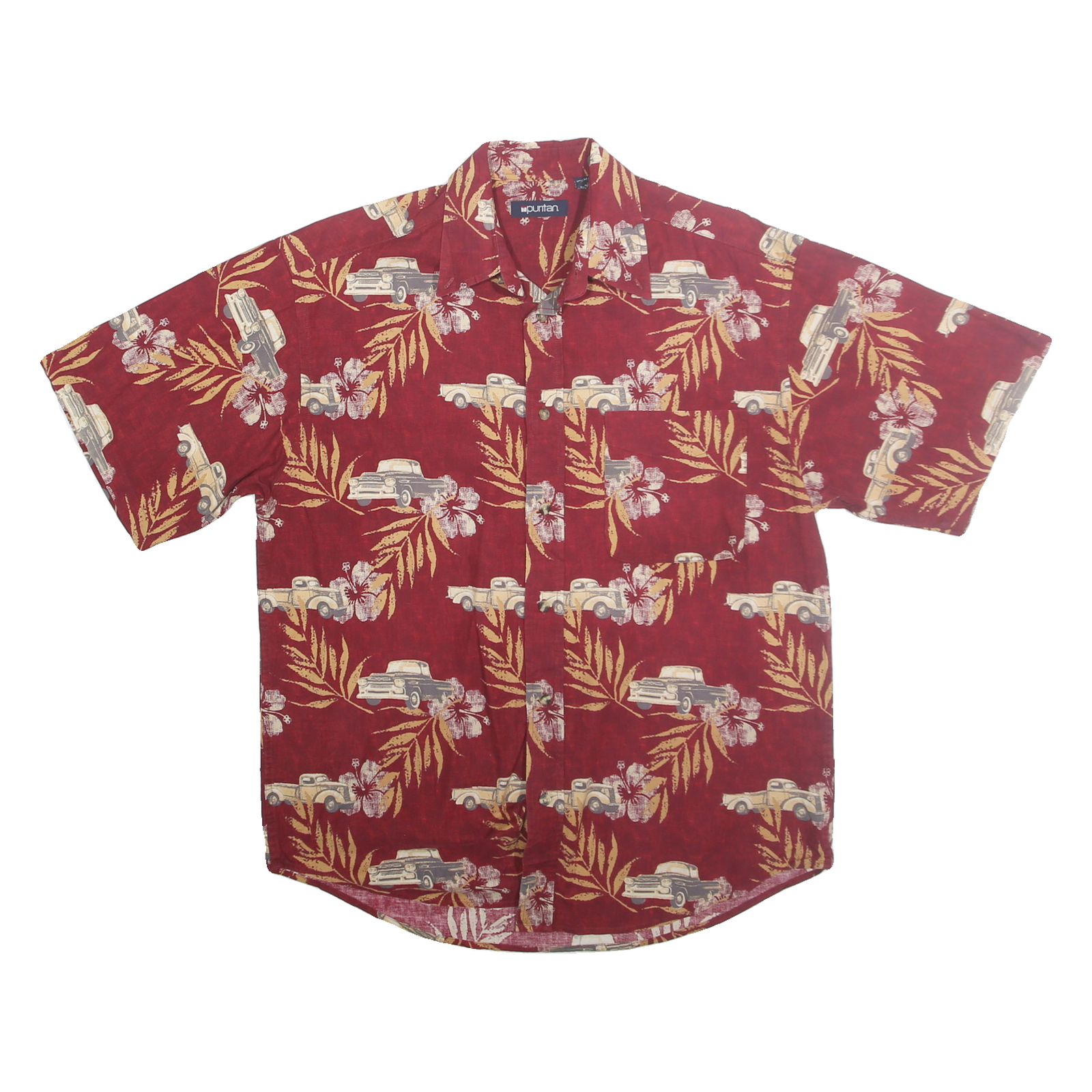 PURITAN Mens Red Cotton Hawaiian Shirt M Vintage Floral Car Pattern Casual Refurbished - N/A refurbished available on Cerqular