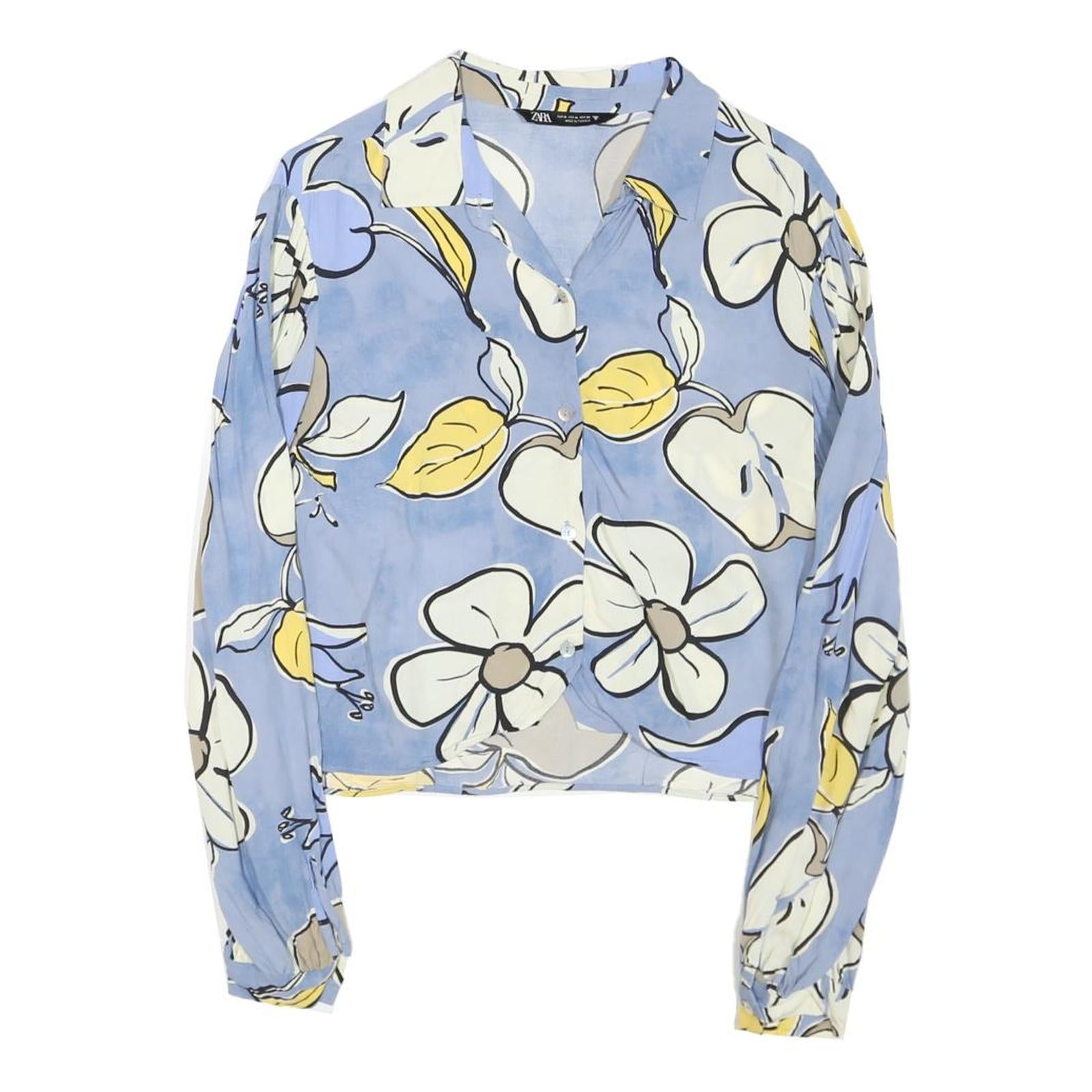 ZARA Womens Blue & Yellow Printed Shirt Long Sleeve Collared M Floral Crop Top Refurbished - N/A refurbished available on Cerqular