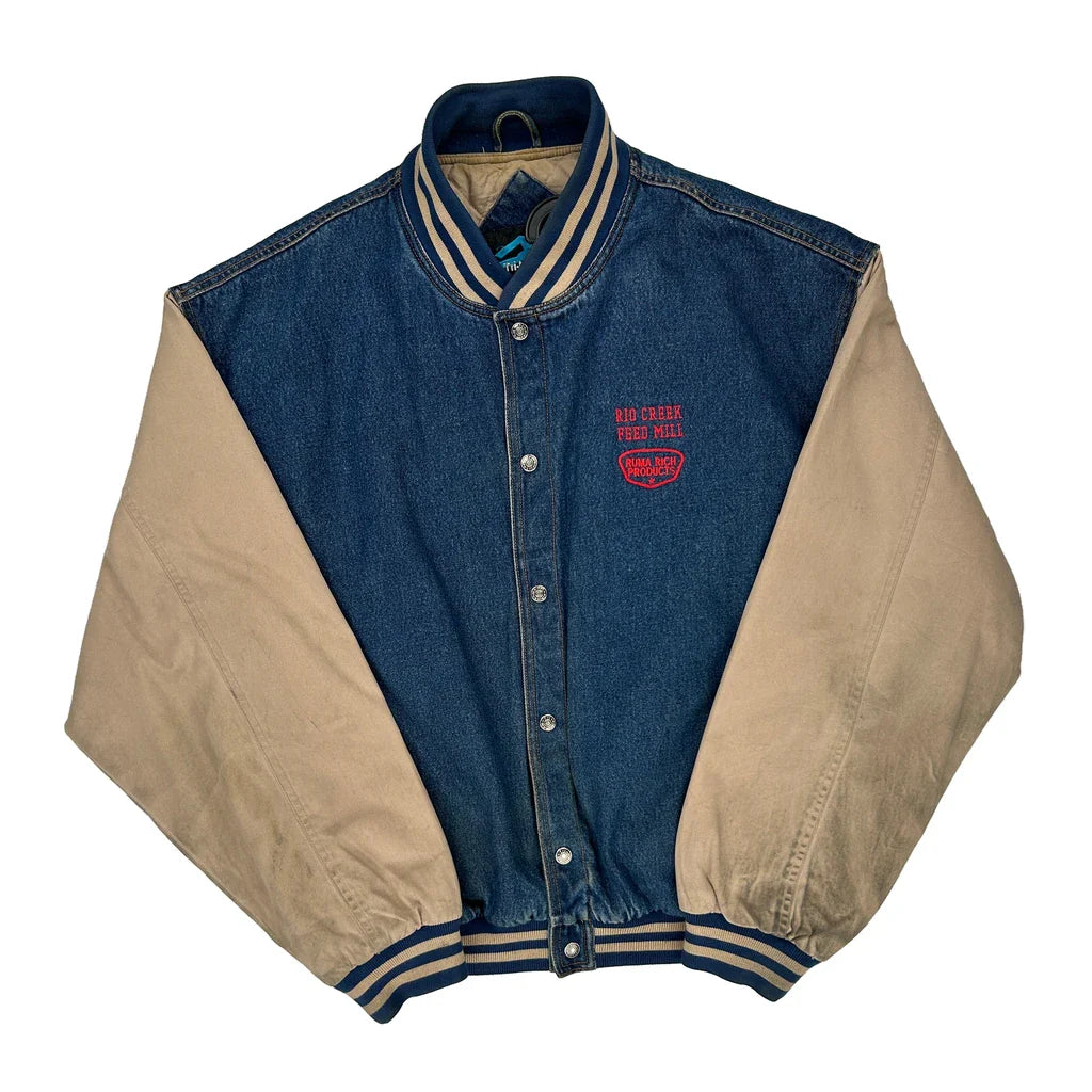 Rio Creek Feed Mill Tri-Mountain Varsity Jacket - 2XL Beige Cotton Refurbished - Thrifted (note: this is a term often used to describe second- refurbished available on Cerqular