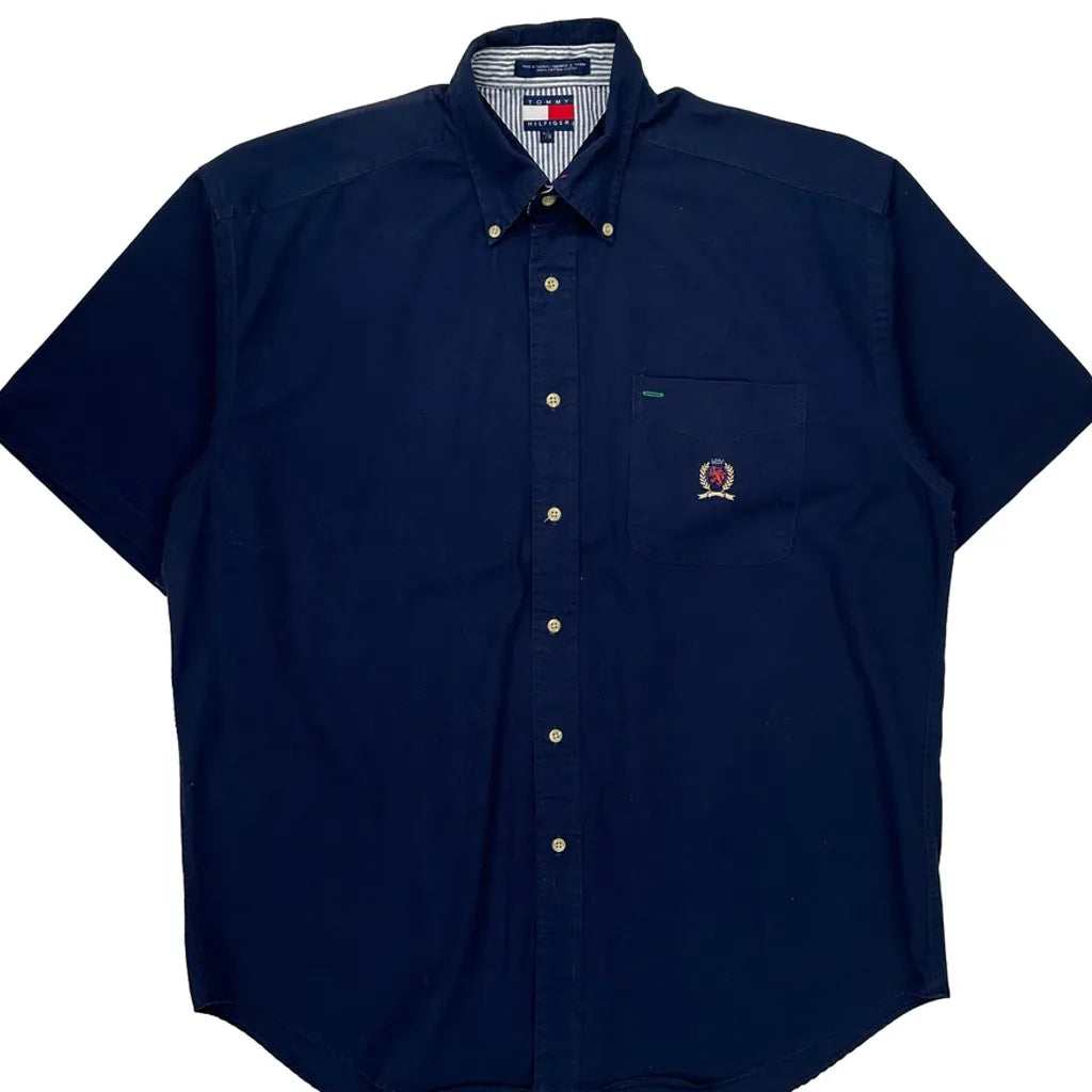 Tommy Hilfiger Short Sleeve Shirt - Large Navy Cotton Refurbished - Thrifted (note: this is a term often used to describe second- refurbished available on Cerqular