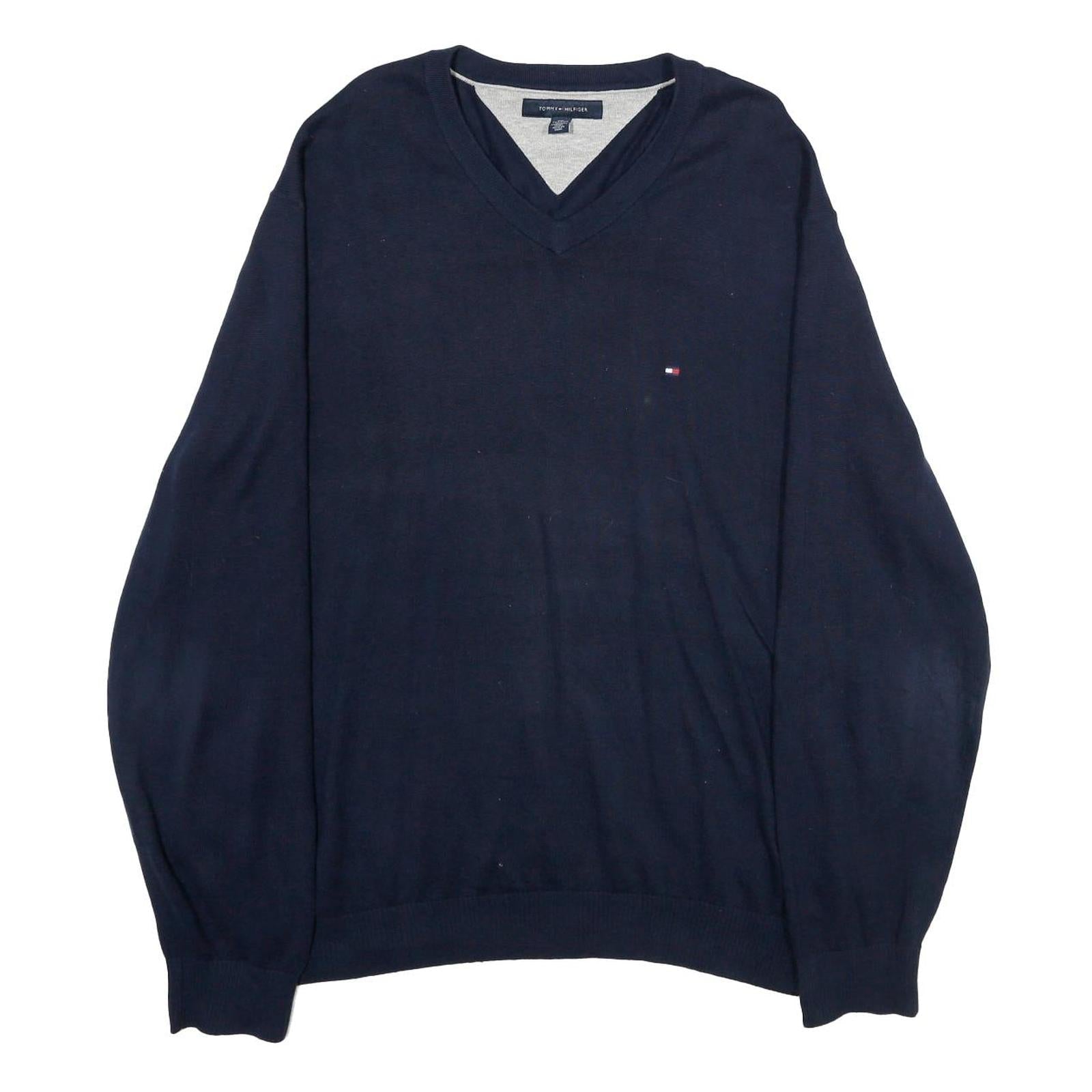 TOMMY HILFIGER Mens Navy Blue Plain V-Neck Basic Knit 2XL Jumper Cotton Refurbished - N/A refurbished available on Cerqular