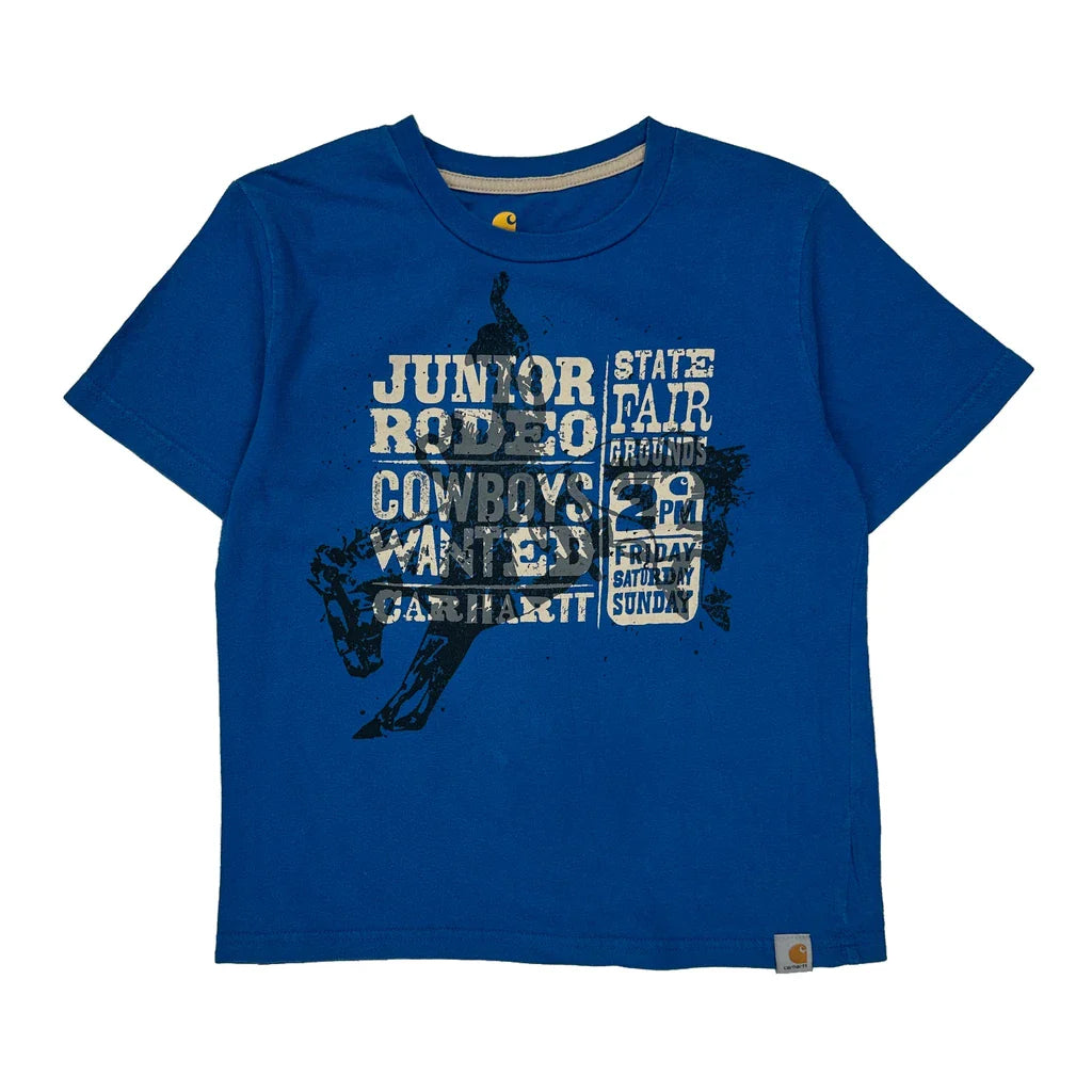 Junior Rodeo Carhartt Graphic T-Shirt - Small Blue Cotton Refurbished - Thrifted (note: this is a term often used to describe second- refurbished available on Cerqular