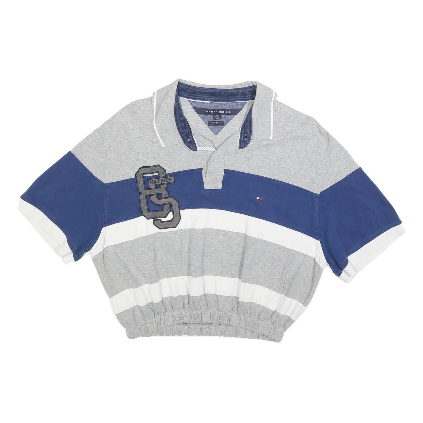 TOMMY HILFIGER Womens Grey Blue White Cropped Polo Shirt XL Striped Cotton Blend Refurbished - N/A refurbished available on Cerqular