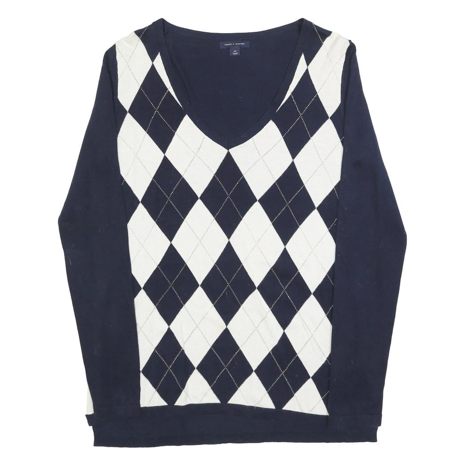 TOMMY HILFIGER Womens Navy & White Patterned V Neck Basic Knit S Jumper Cotton Refurbished - N/A refurbished available on Cerqular