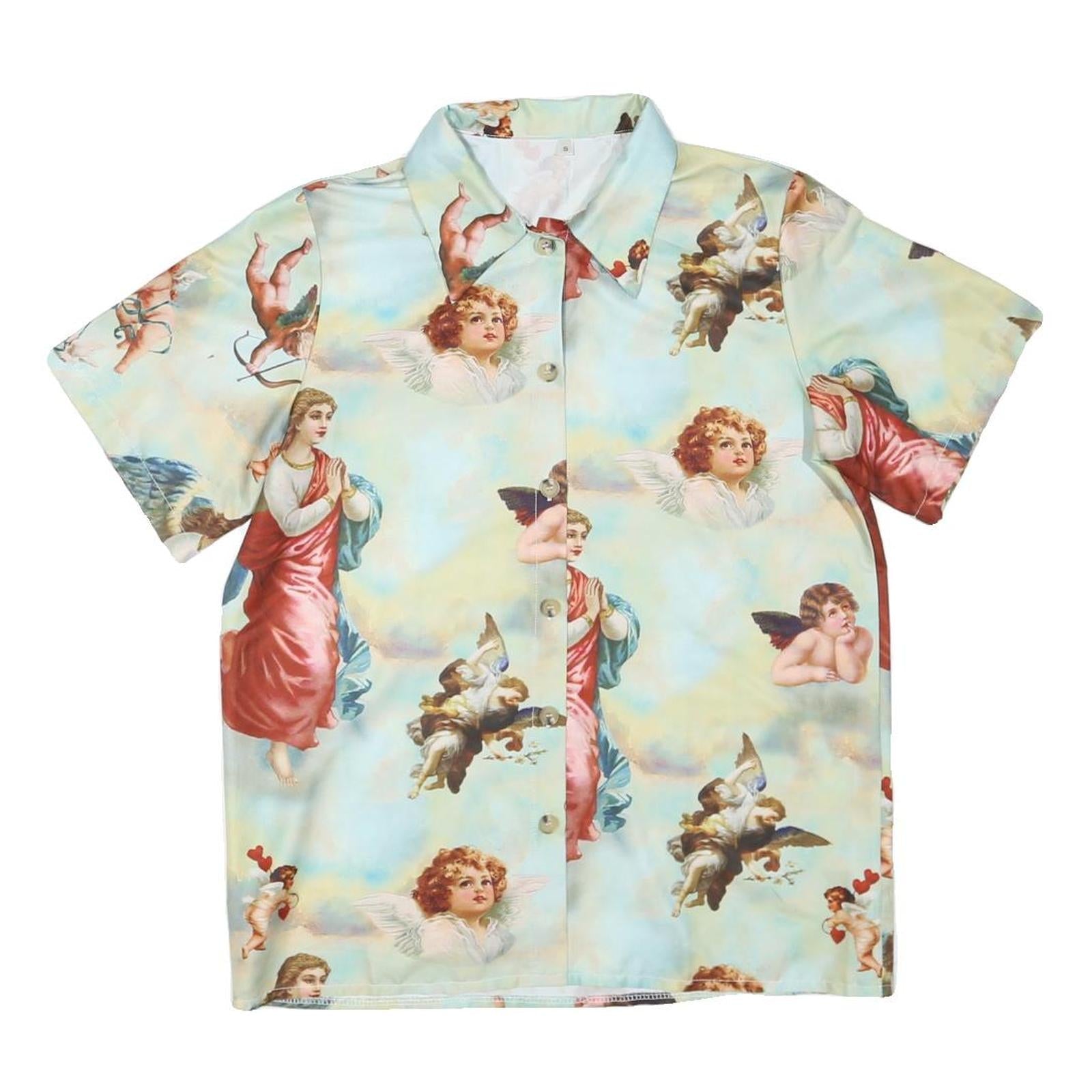 Womens Blue & Cream Artistic Print Shirt Short Sleeve Collared S Polyester Blend Refurbished - N/A refurbished available on Cerqular