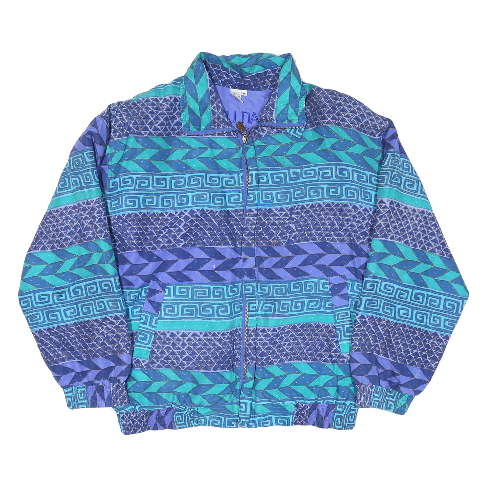 FUDA Mens Blue Teal Geometric Pattern Silk Jacket M Zip Casual Retro Stylish Refurbished - N/A refurbished available on Cerqular