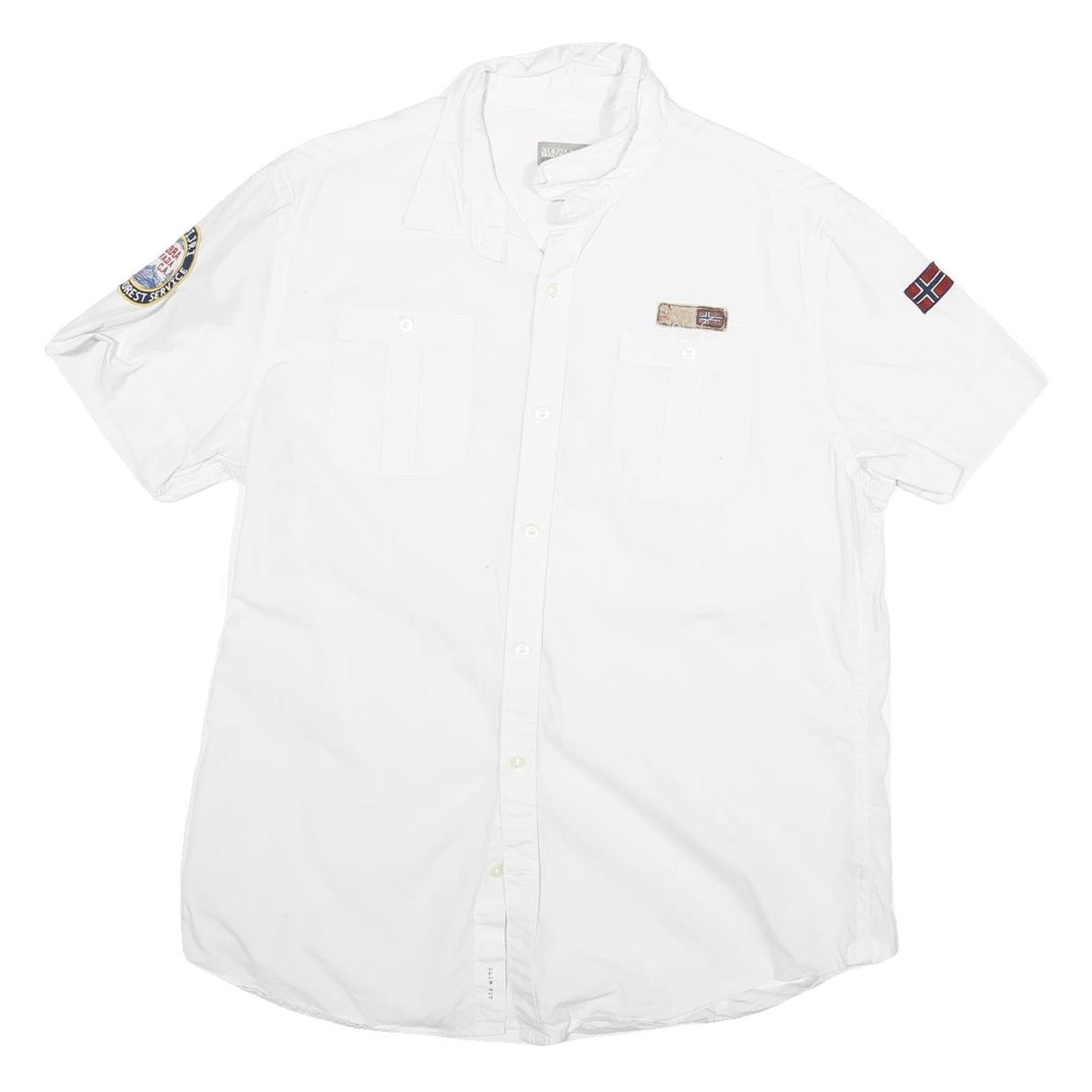 NAPAPIJRI Mens White Short Sleeve Shirt M Cotton Blend Casual Button Front Refurbished - N/A refurbished available on Cerqular