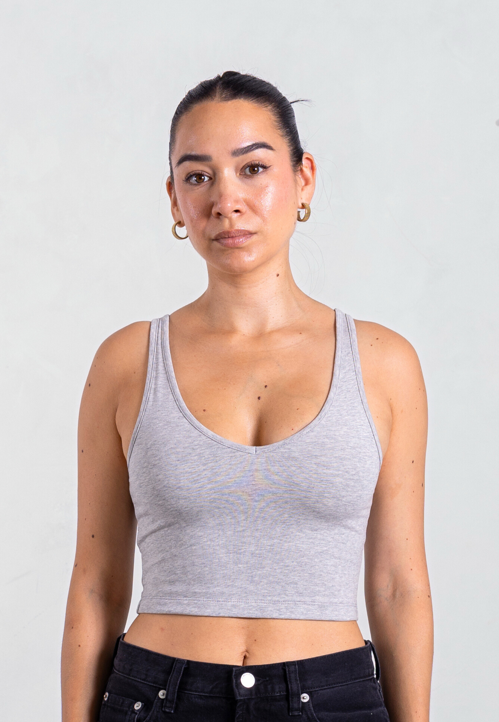 Organic Cotton V-Neck Cropped Tank Top, Light Grey Marl | Size: M Refurbished - N/A (Note: It's possible that "Pantee" refurbished available on Cerqular