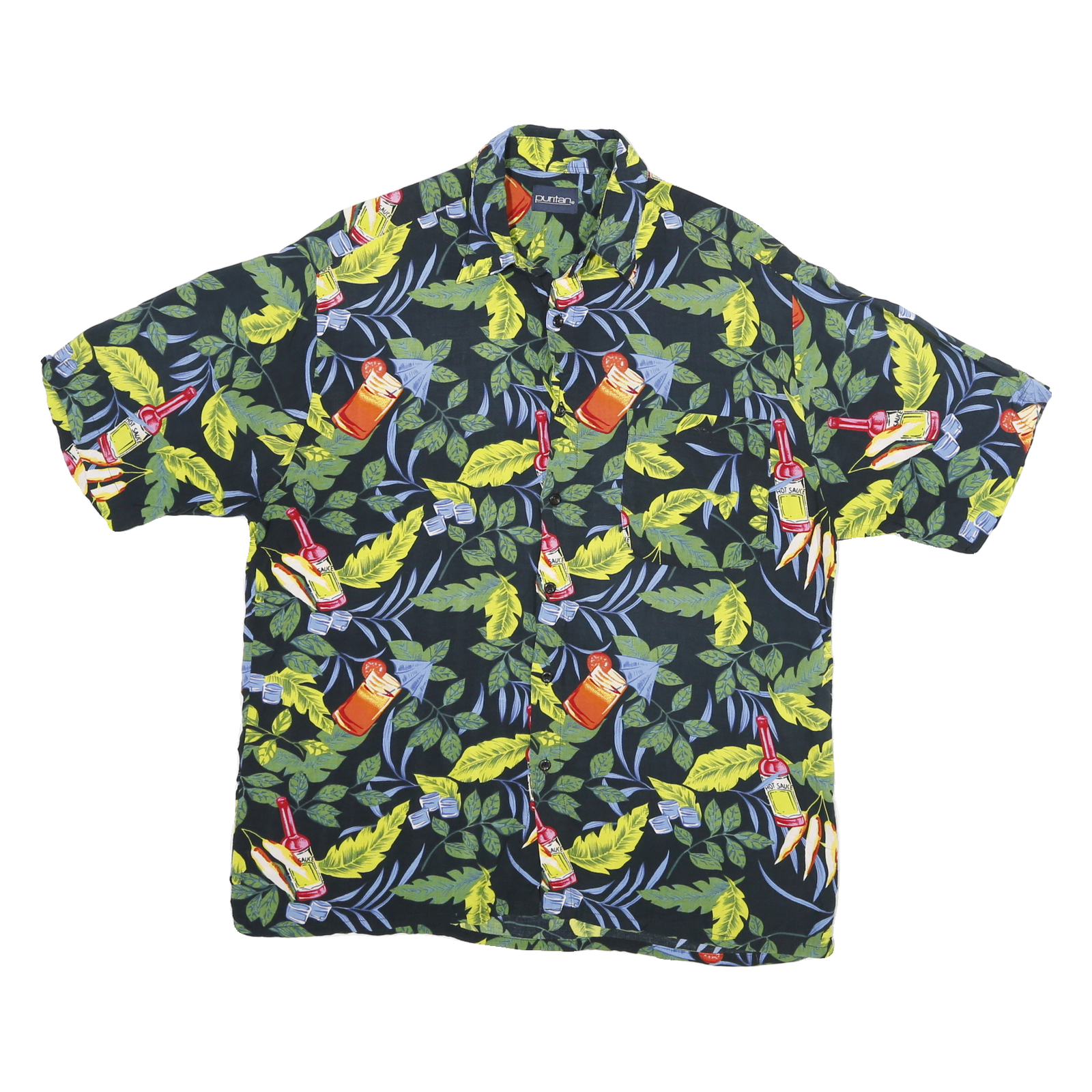 PURITAN Mens Black & Yellow Hot Sauce Print Casual Shirt L Tropical Pattern Refurbished - N/A refurbished available on Cerqular