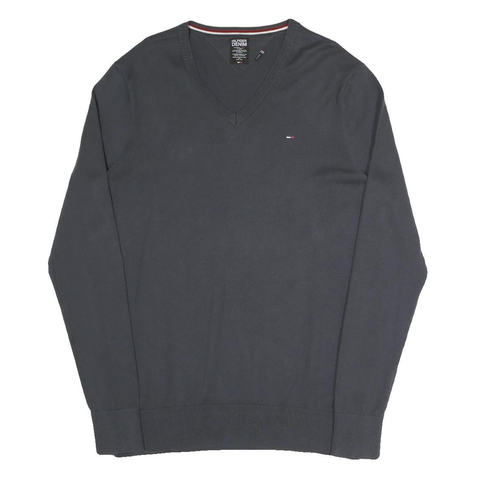 HILFIGER DENIM Mens Black V-Neck Plain Cotton Blend Jumper XL Classic Knitwear Refurbished - N/A refurbished available on Cerqular