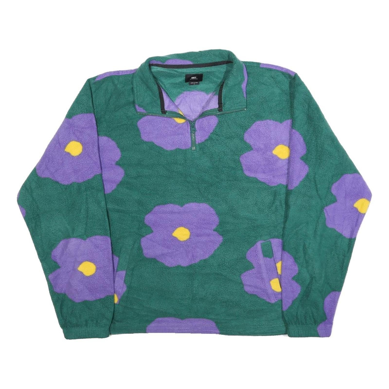 OBEY Womens Green & Purple Floral Patterned Fleece Pullover Crew Neck L Jumper Refurbished - N/A refurbished available on Cerqular