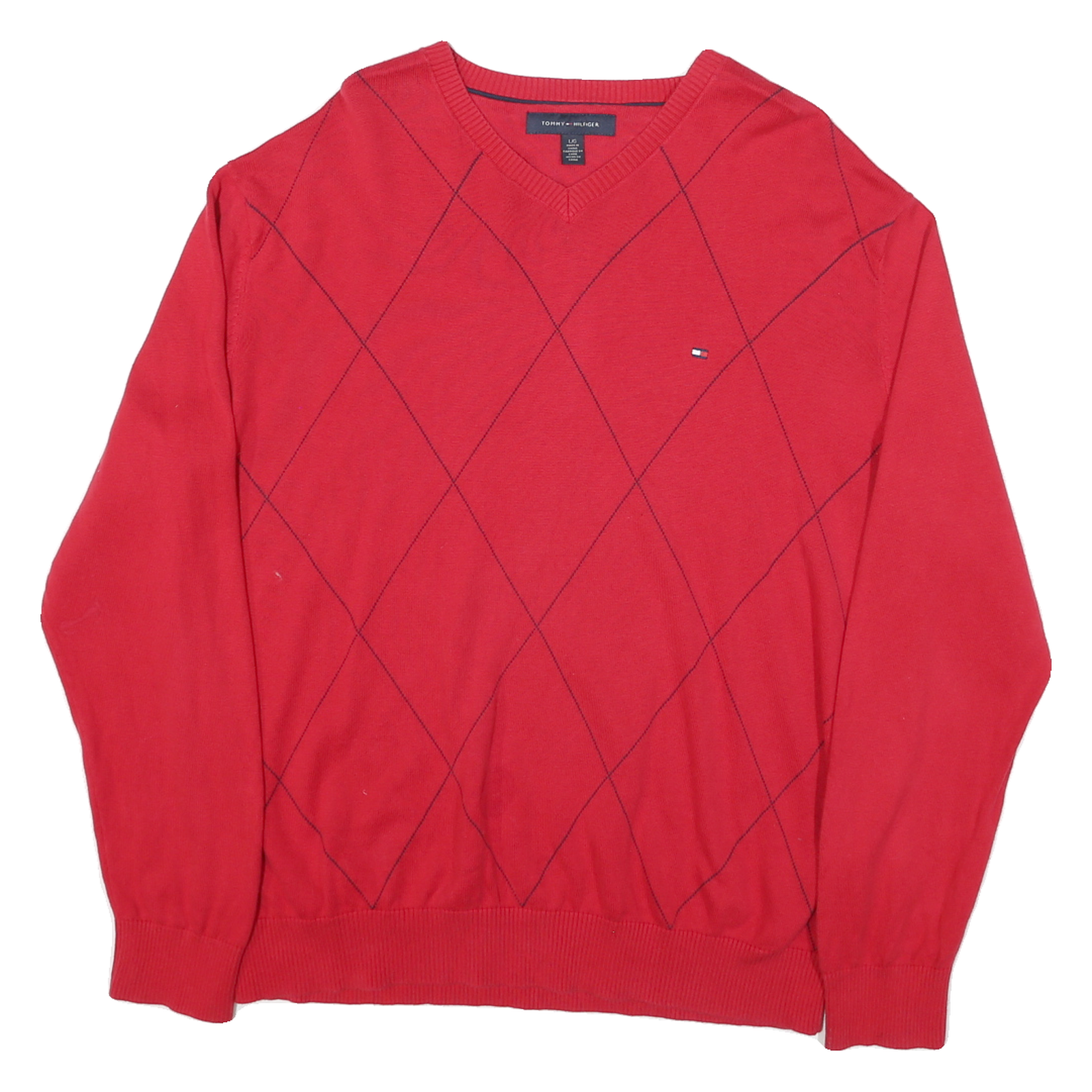 TOMMY HILFIGER Mens Red Patterned V-Neck Jumper Cotton Blend L Classic Knitwear Refurbished - N/A refurbished available on Cerqular