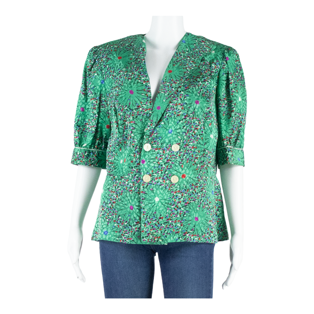 JUMBO INTERNATIONAL Womens Printed Blouse Green V-Neck Floral L Refurbished - N/A refurbished available on Cerqular