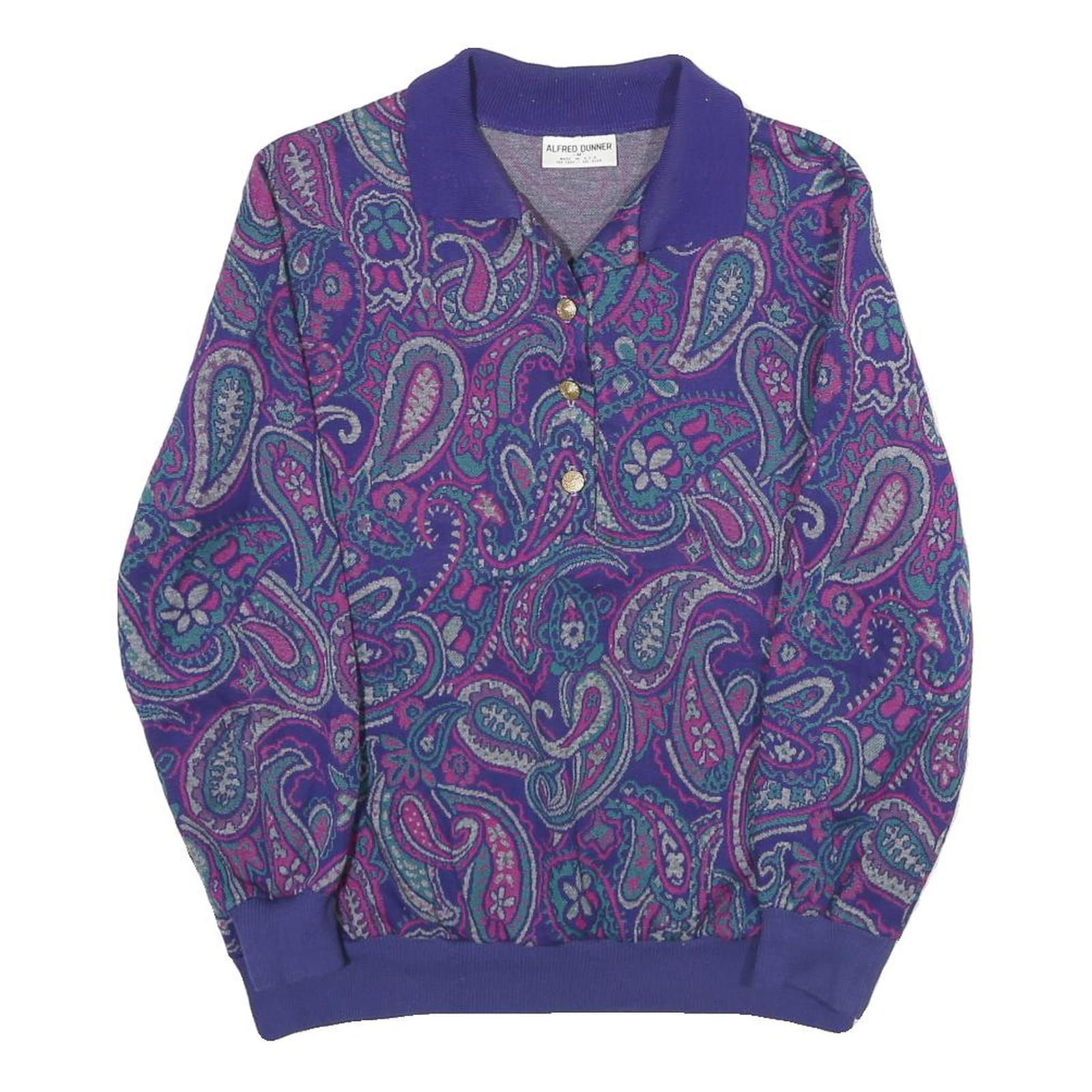 ALFRED DUNNER Womens Purple Paisley Pullover M Button Neck Elegant Sweatshirt Refurbished - N/A refurbished available on Cerqular