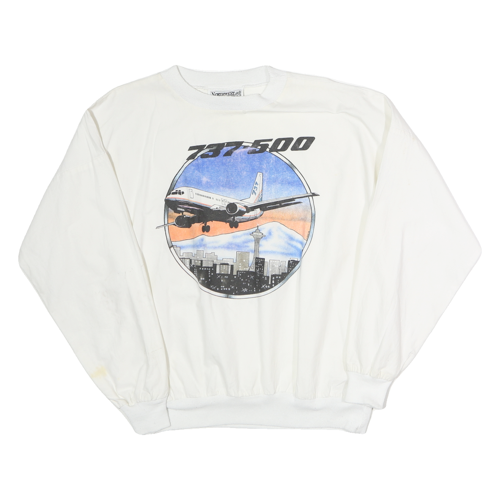 NORTHWEST KNITTING MILLS Mens White Cotton Crew Neck L 737-500 Airplane Print Refurbished - N/A refurbished available on Cerqular