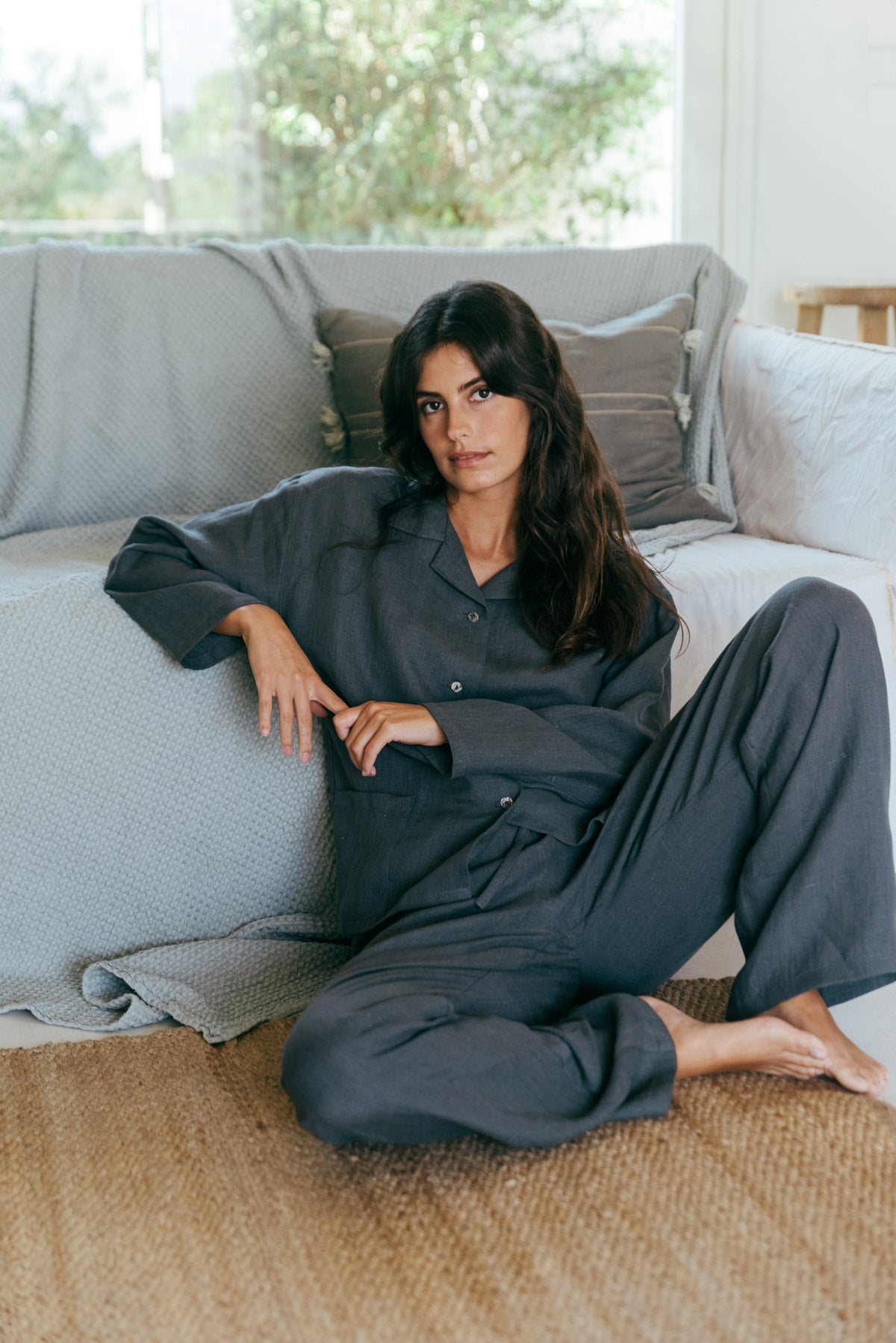 Snooze long sleeve linen pajama set in Charcoal | Size: S Refurbished - Amour Linen refurbished available on Cerqular