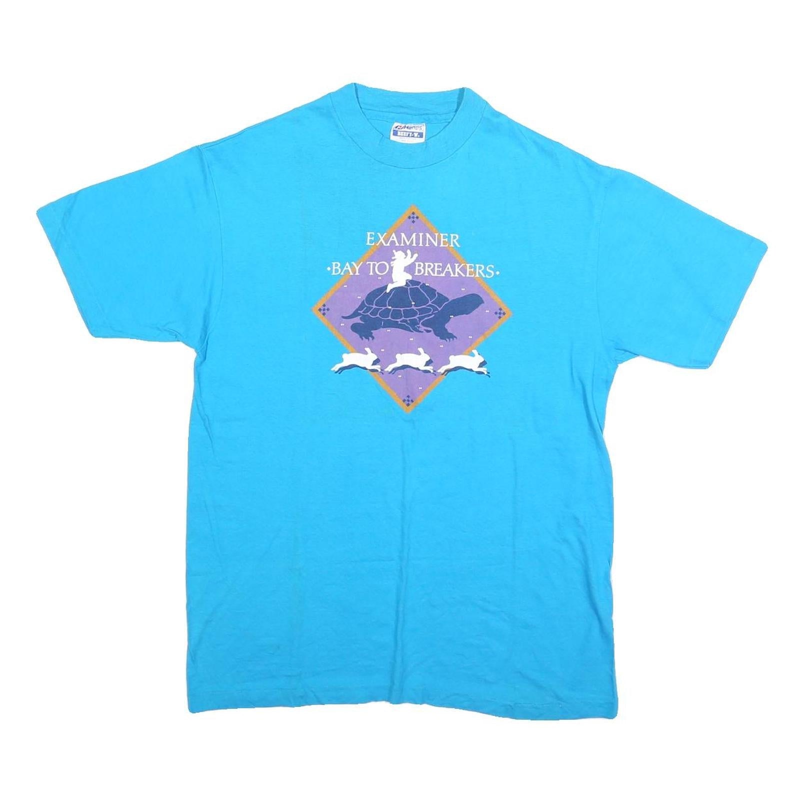 HANES Mens Blue Examinar Bay To Breakers Graphic T-Shirt L Short Sleeve Crew Refurbished - N/A refurbished available on Cerqular