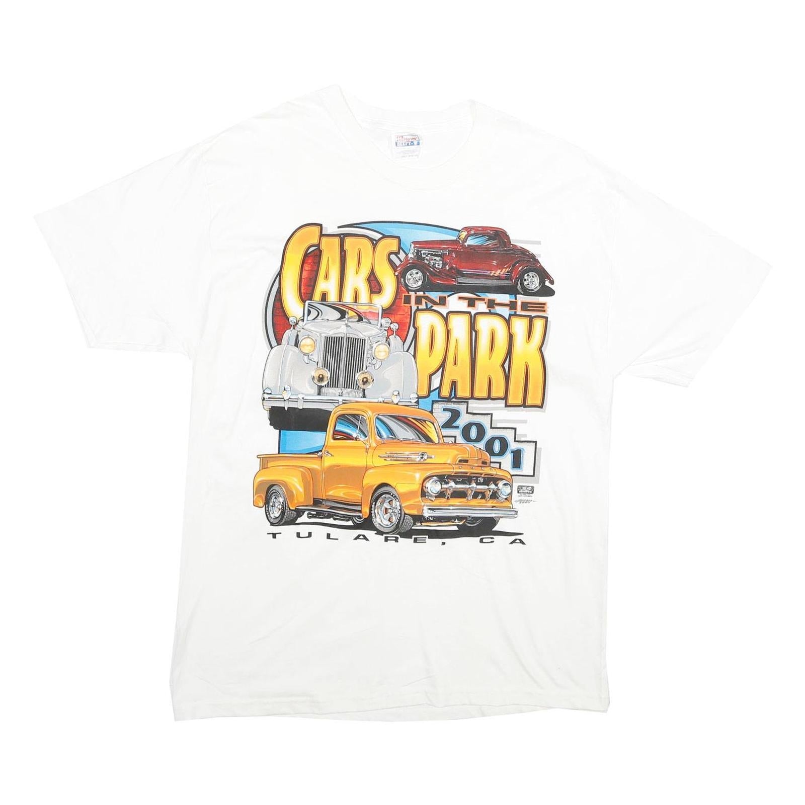 HANES Mens White Cars In The Park Graphic T-Shirt L Short Sleeve Crew Neck Refurbished - N/A refurbished available on Cerqular