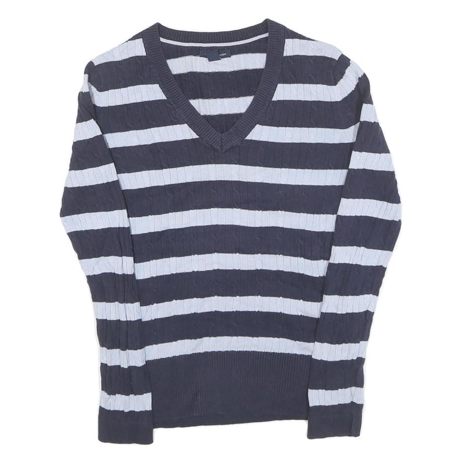 TOMMY HILFIGER Womens Blue & White Patterned V-Neck Chunky Knit M Jumper Cotton Refurbished - N/A refurbished available on Cerqular