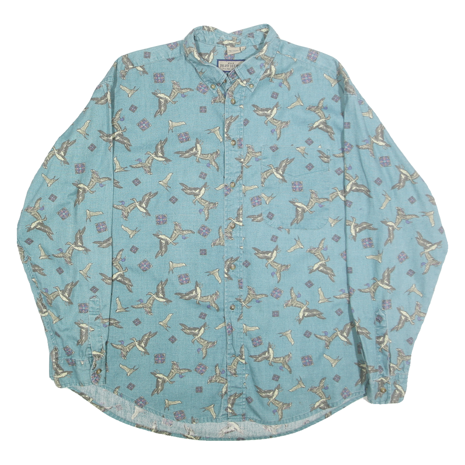 RUFF HEWN Mens Blue Cotton Bird Print Shirt XL Button-Down Long Sleeve Casual Refurbished - N/A refurbished available on Cerqular