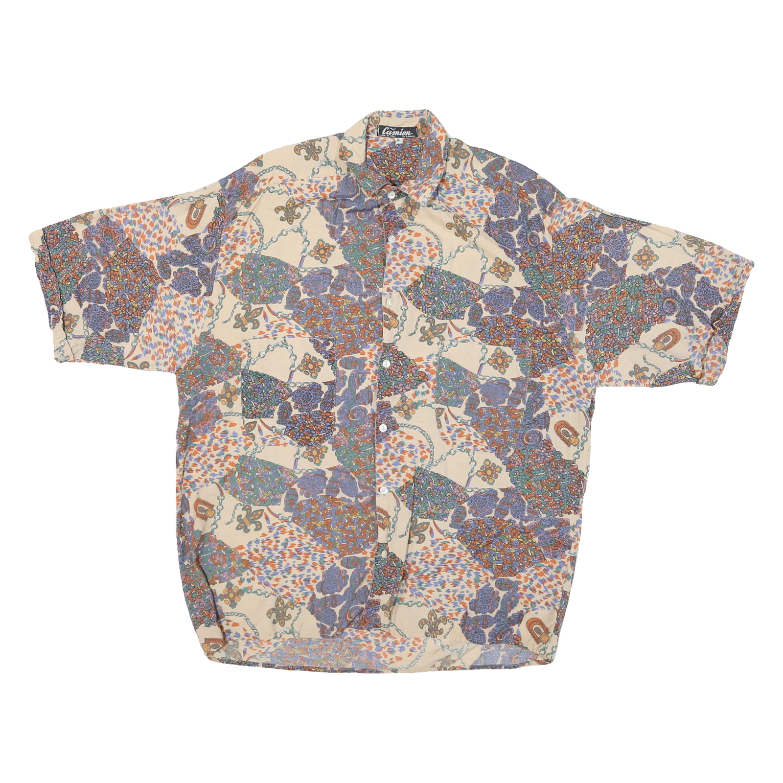 CAMION Mens Cream Pattern Shirt M Cotton Blend Short Sleeve Loose Fit Refurbished - N/A refurbished available on Cerqular