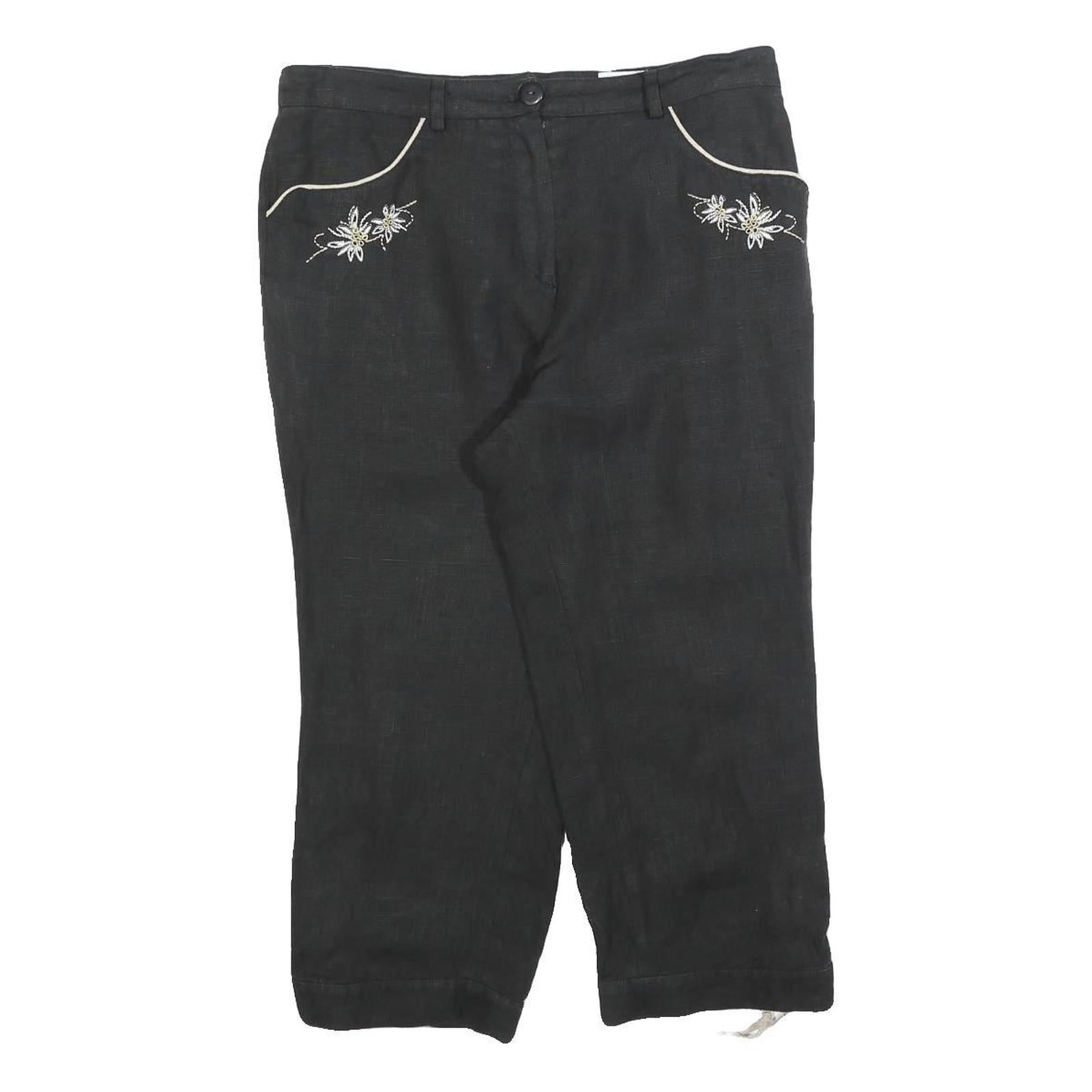 COUNTRY LINE Womens Linen Black Relaxed Cropped Trousers W32 L22 Embroidered Refurbished - N/A refurbished available on Cerqular