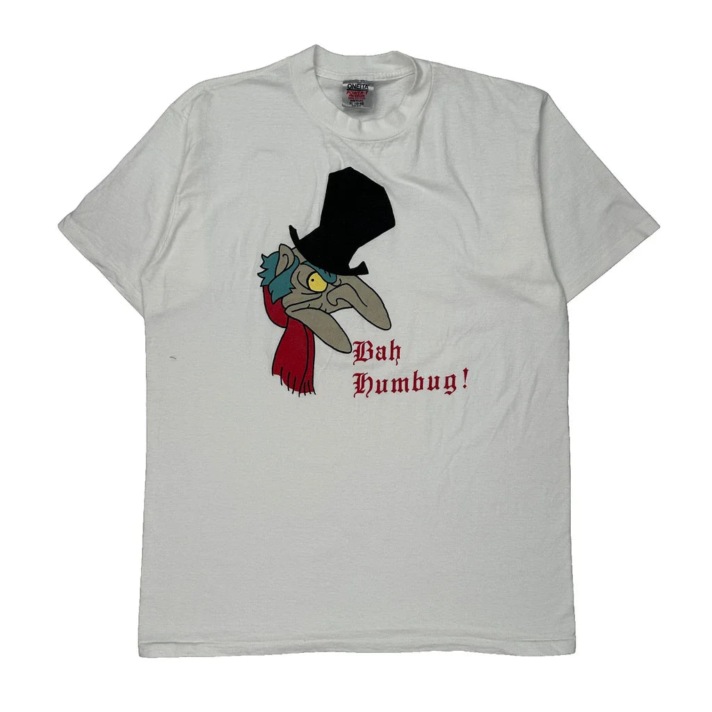 Bah Humbug! Oneita Christmas T-Shirt - XL White Cotton Refurbished - Thrifted (note: this is a term often used to describe second- refurbished available on Cerqular