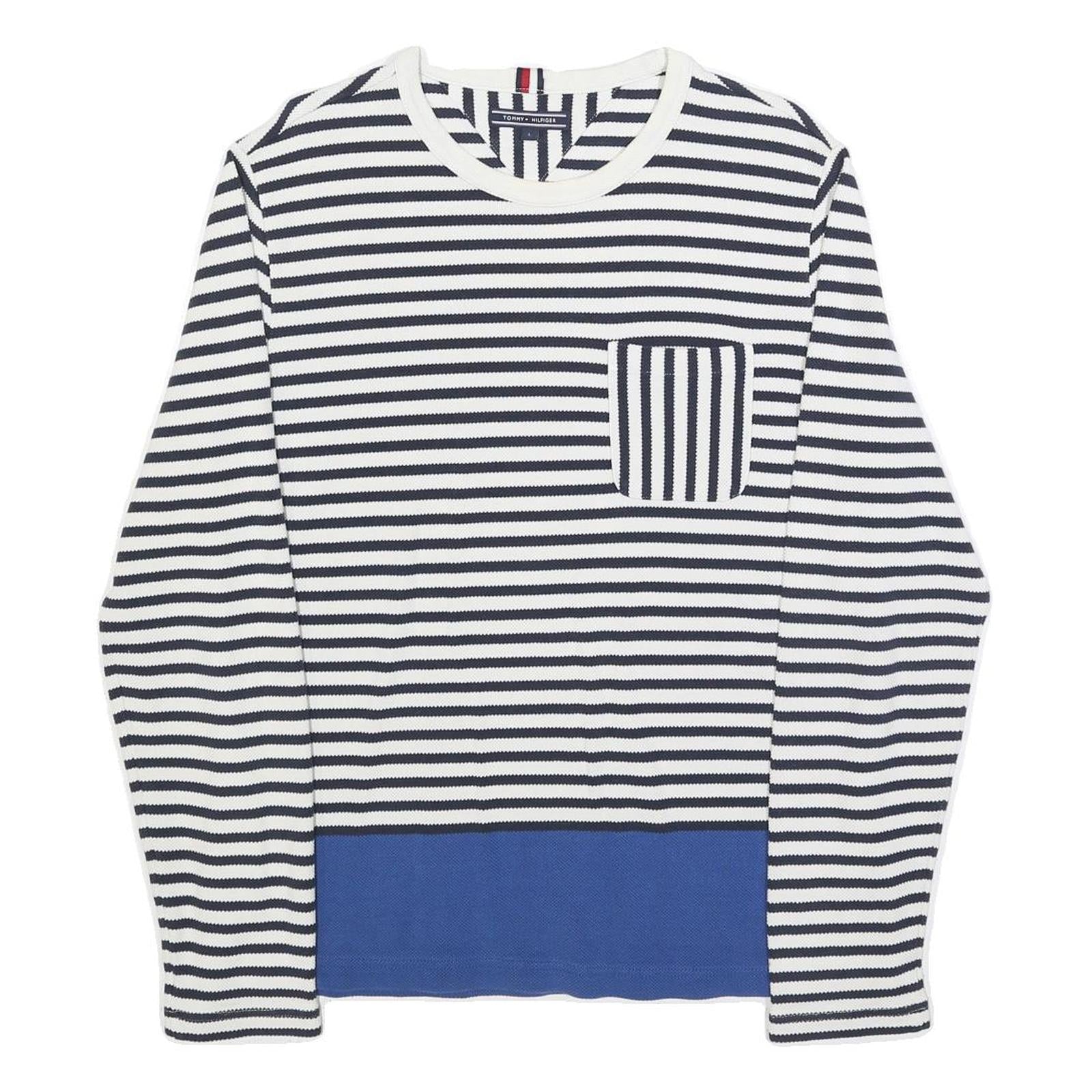 TOMMY HILFIGER Womens Navy & White Striped Plain Crew Neck Basic Knit Jumper L Refurbished - N/A refurbished available on Cerqular