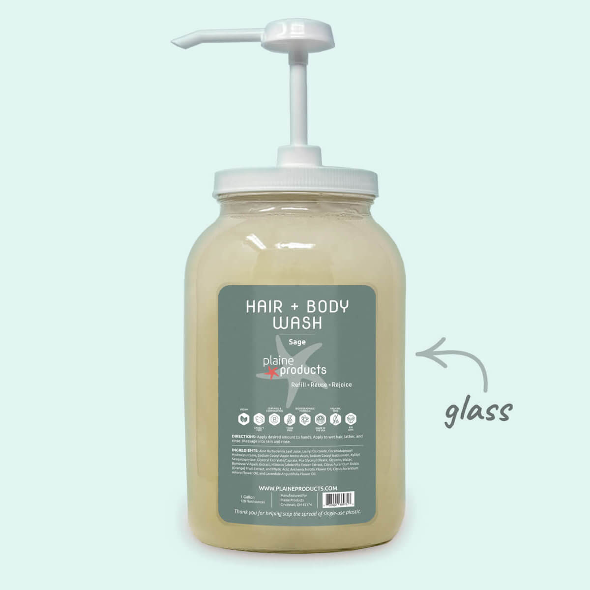 Hair + Body Wash 2:1 | Scent: Sage | Size: 1 gal | Pump: Gallon Pump ($15.00) Refurbished - Plaine Products refurbished available on Cerqular