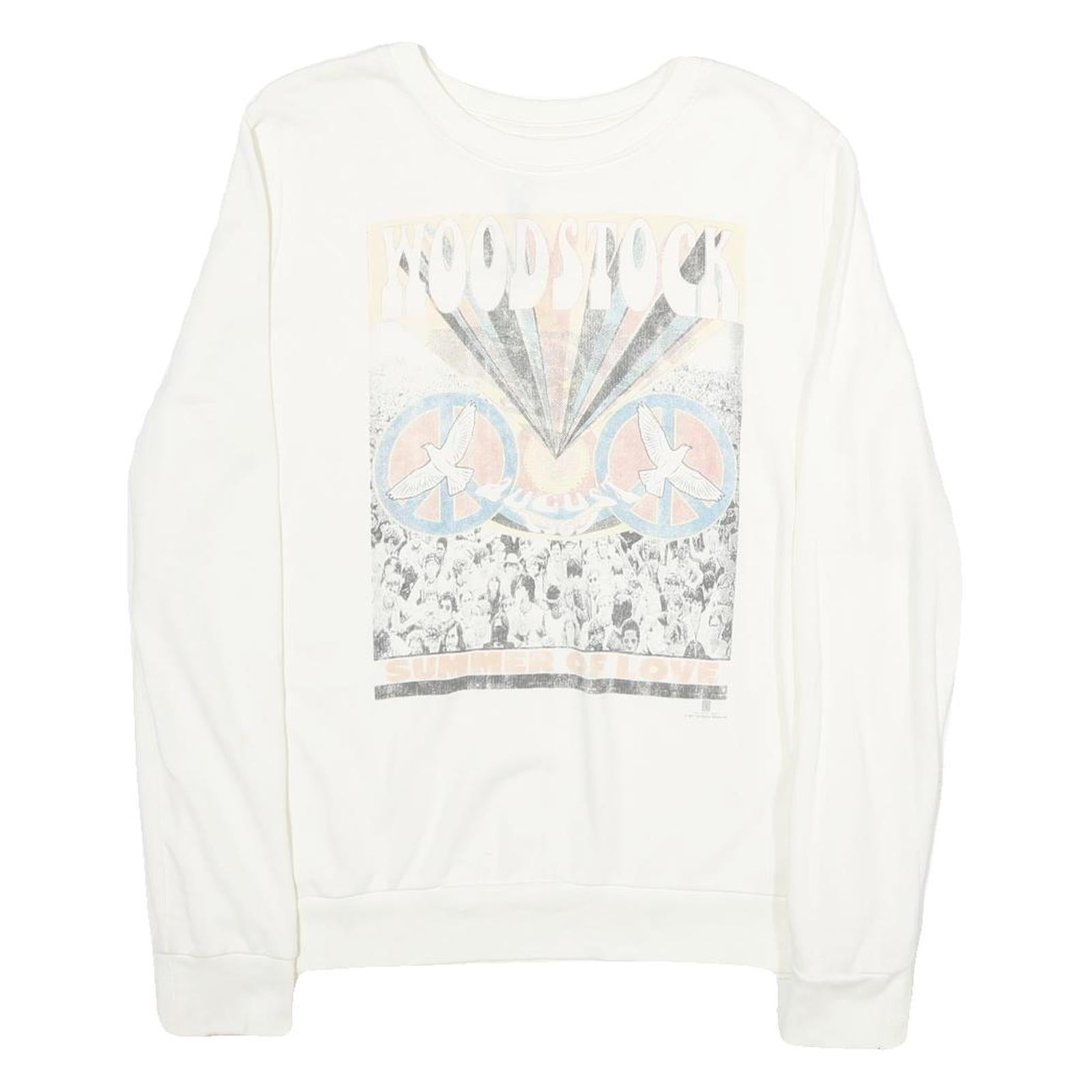 MIGHTYFINE Mens White Woodstock Graphic Crew Neck L Cotton Sweatshirt Refurbished - N/A refurbished available on Cerqular
