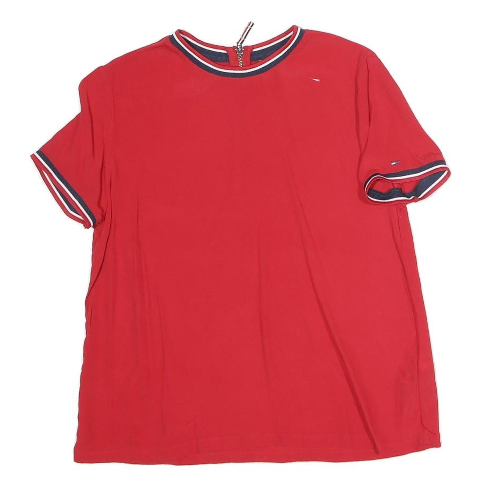 TOMMY JEANS Womens Red Top Short Sleeve Round Neck XS Contrast Trim Zipped Back Refurbished - N/A refurbished available on Cerqular