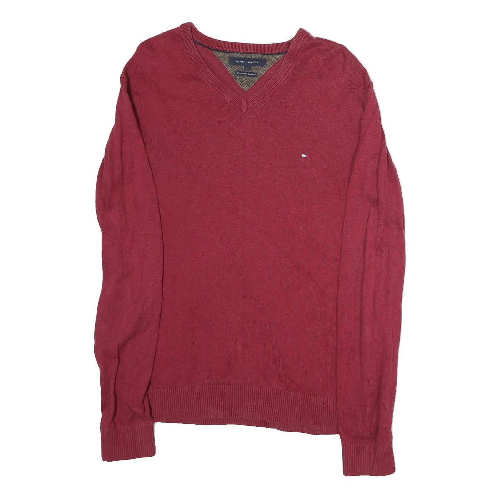 TOMMY HILFIGER Mens Red Plain V-Neck Basic Knit Jumper L Cotton Casual Refurbished - N/A refurbished available on Cerqular