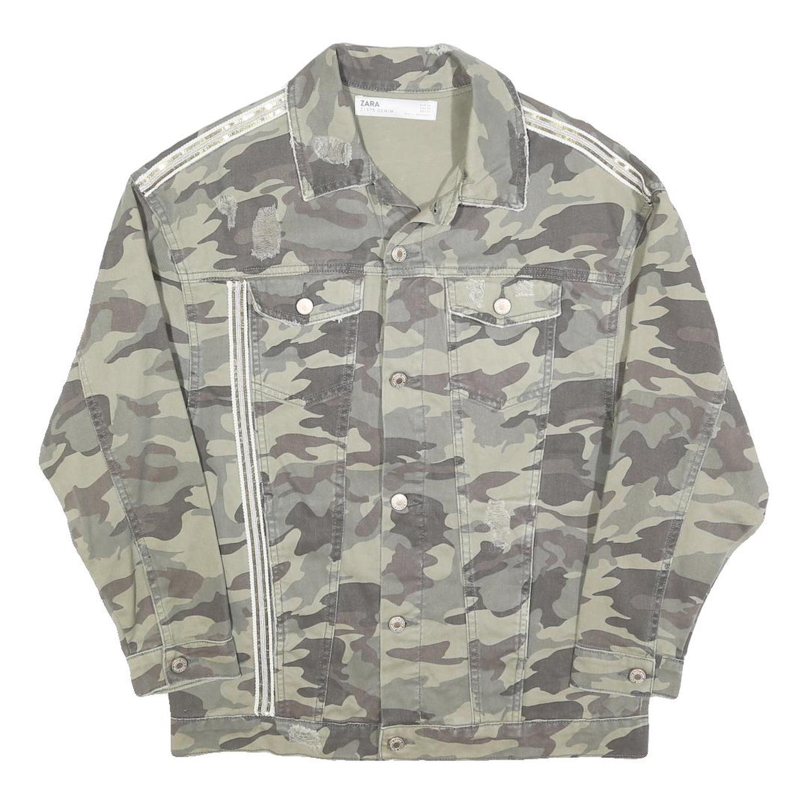 ZARA Womens Green Camouflage Cotton Button Jacket S Distressed Denim Casual Refurbished - N/A refurbished available on Cerqular