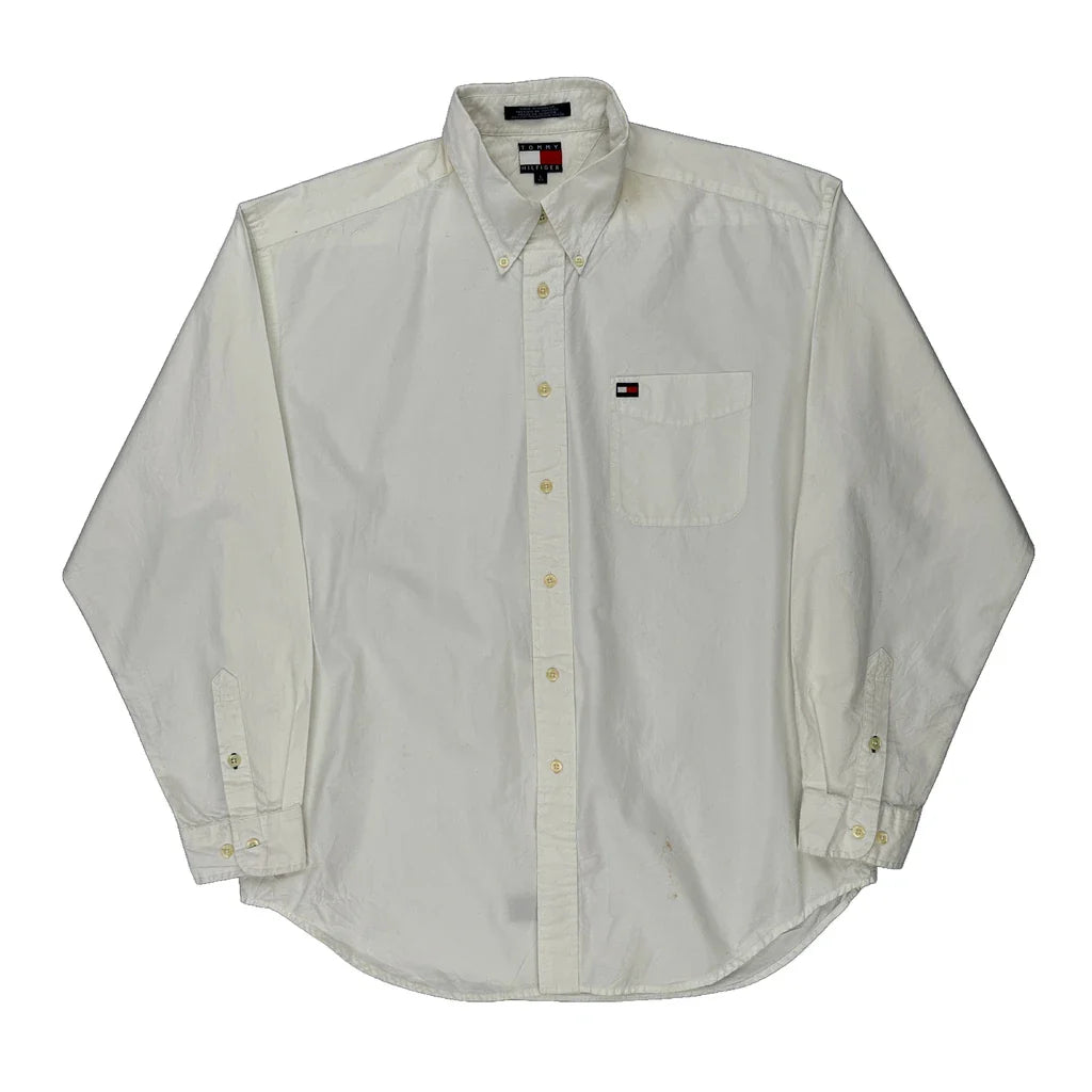 Tommy Hilfiger Shirt - Large White Cotton Refurbished - Thrifted (note: this is a term often used to describe second- refurbished available on Cerqular