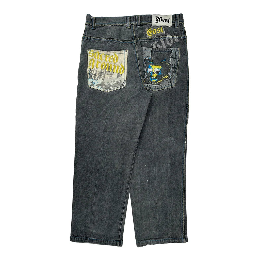 Buy Sacred Ground Raw Blue Graphic Jeans - 34W 30L Grey Cotton Refurbished - $91.11 Sacred Ground Raw Blue Graphic Jeans - 34W 30L Grey Cotton Refurbished - Thrifted (note: this is a term often used to describe second- refurbished available on Cerqular