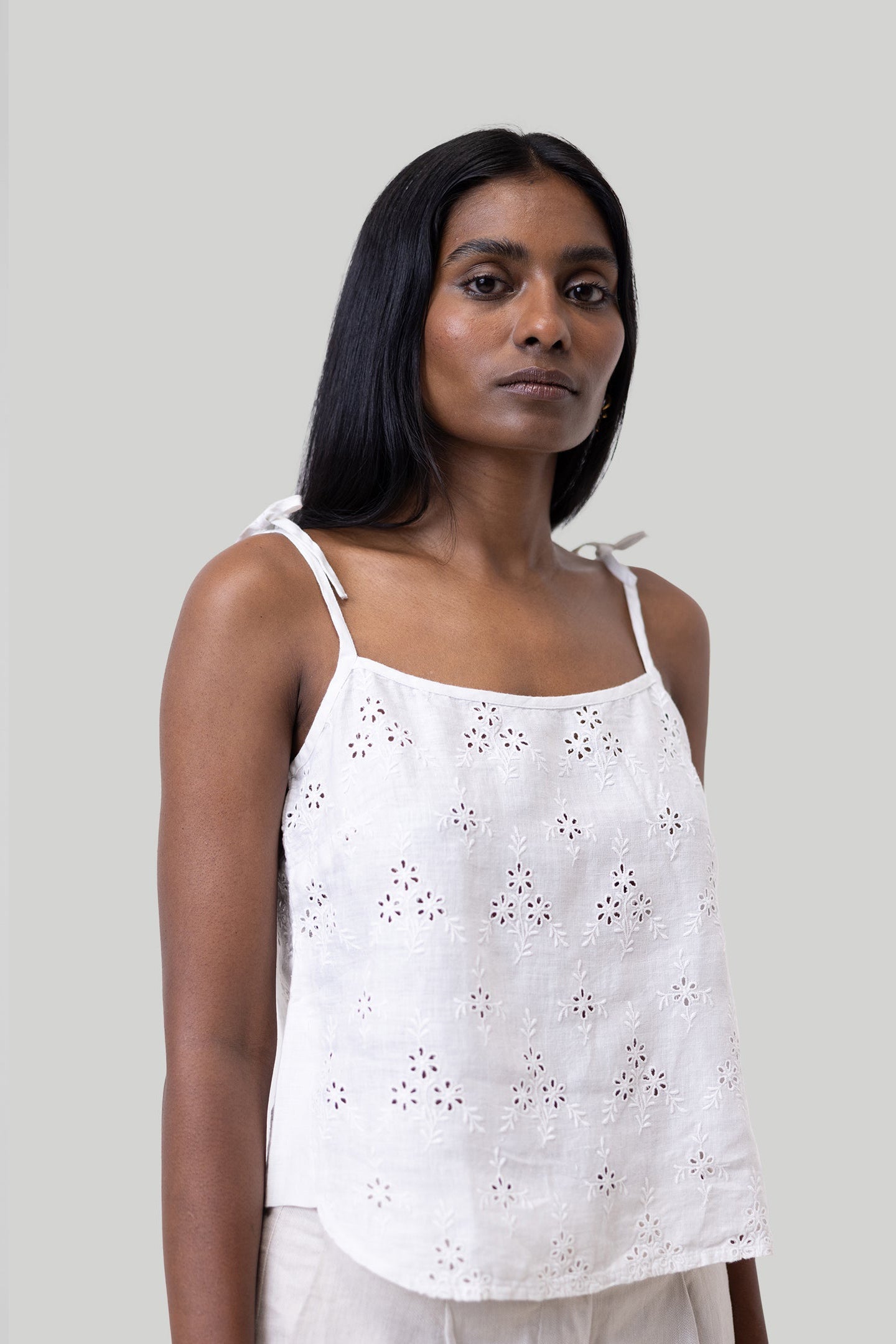 Tie-up Camisole in White Embroidery | Color: Coconut White | Size: XL Refurbished - Resistor (Note: This is a generic term for an electronic component, refurbished available on Cerqular