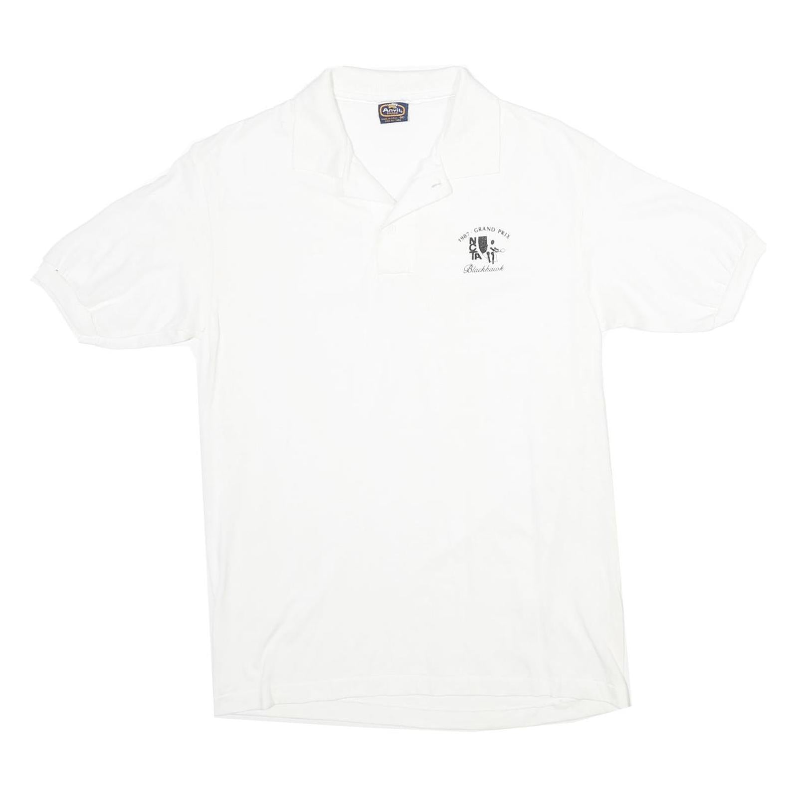 ANVIL Mens White 1987 Grand Prix Blackhawk Logo Short Sleeve Polo Shirt M Cotton Refurbished - N/A refurbished available on Cerqular