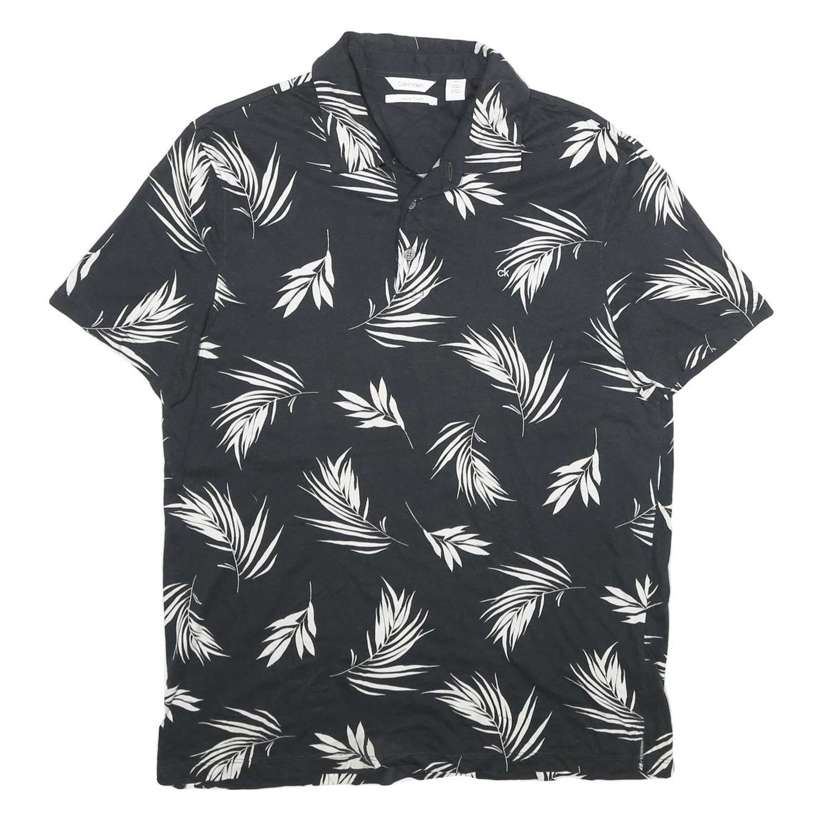 CALVIN KLEIN Mens Black & White Leaf Print Short Sleeve Polo Shirt L Casual Refurbished - N/A refurbished available on Cerqular