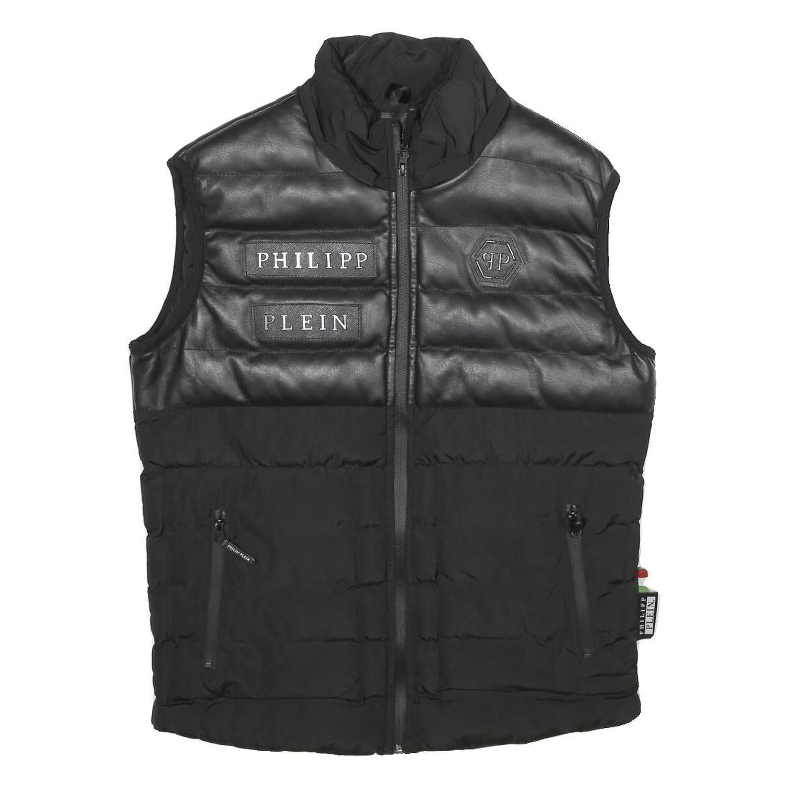 PHILIPP PLEIN Mens Black Leather & Cotton Quilted Gilet M Jacket Zip Sleeveless Refurbished - N/A refurbished available on Cerqular