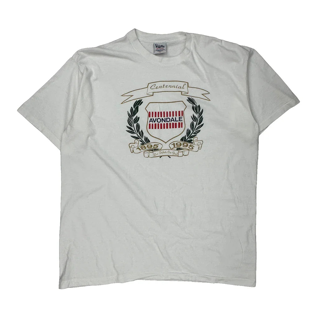 Centennial 1895-1995 Volunteer Graphic T-Shirt - XL White Cotton Refurbished - Thrifted (note: this is a term often used to describe second- refurbished available on Cerqular